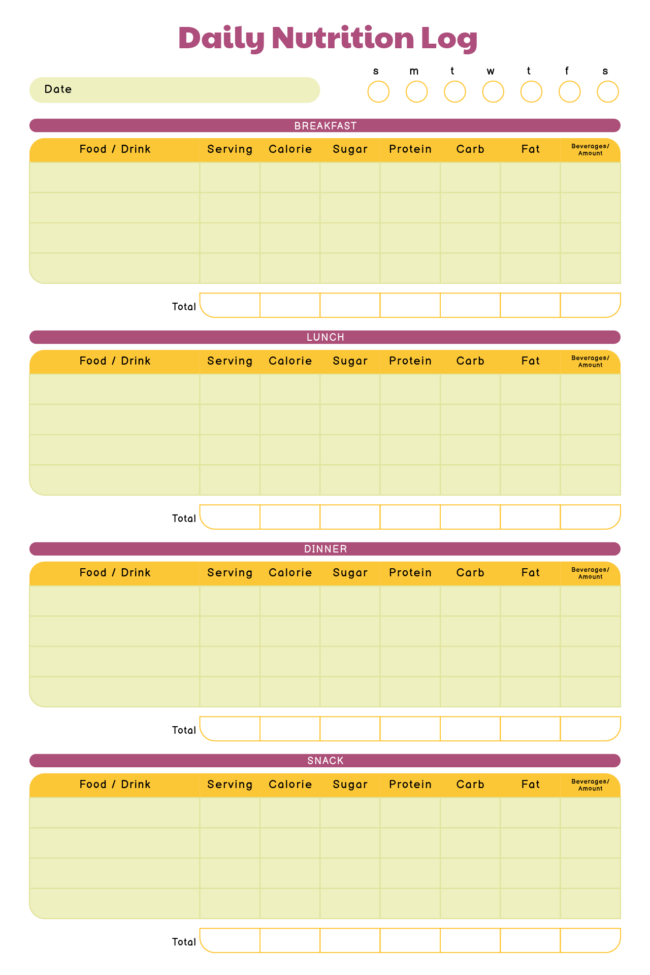 Daily Nutrition Log Sheet Daily Nutrition Log Sheet