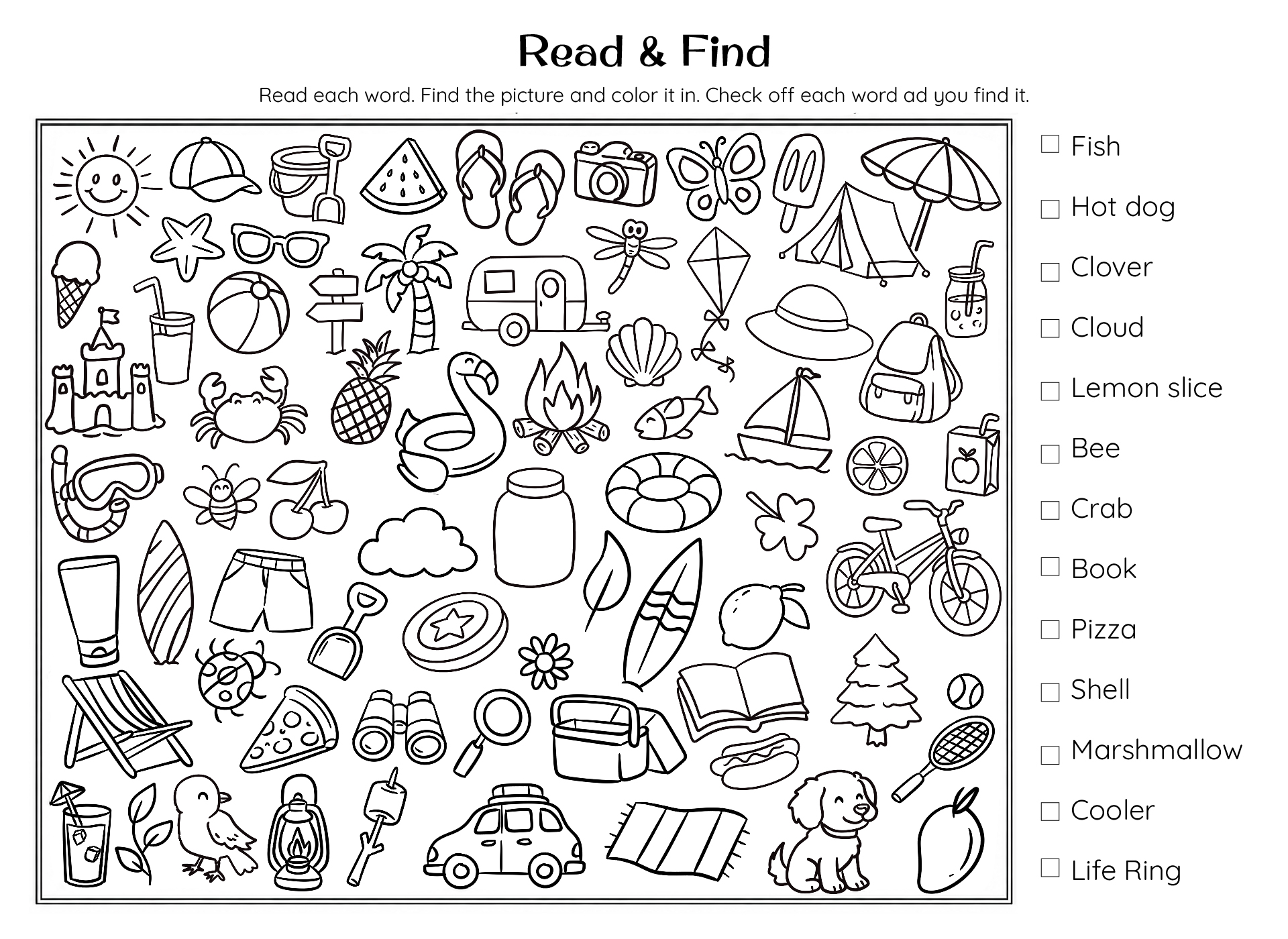 Read And Find Summer Hidden Picture Activity Read And Find Summer Hidden Picture Activity