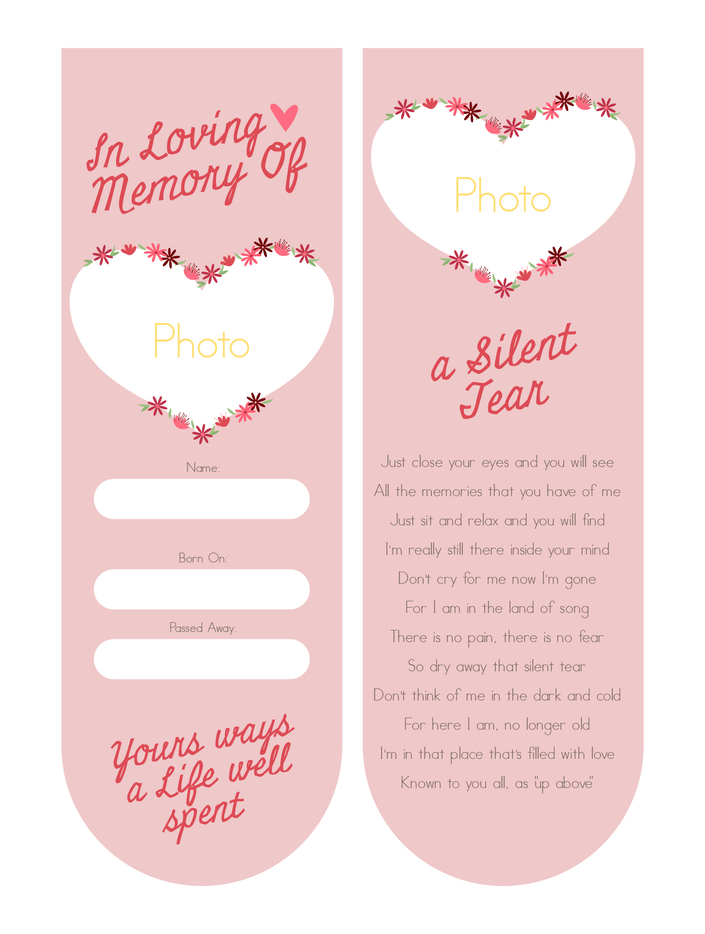Classic Heart Funeral Bookmark Template Classic Heart Funeral Bookmark Template