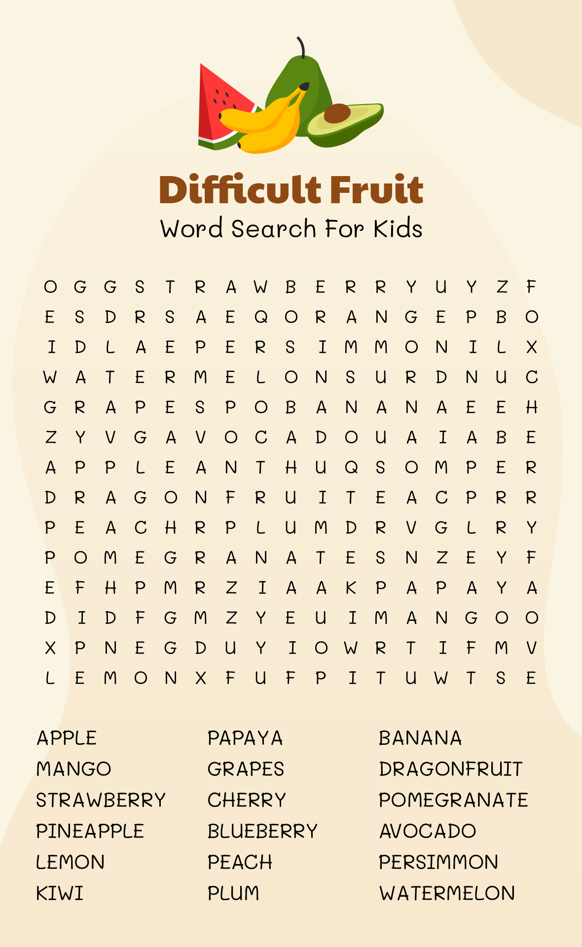 Difficult Fruit Word Search For Kids Difficult Fruit Word Search For Kids