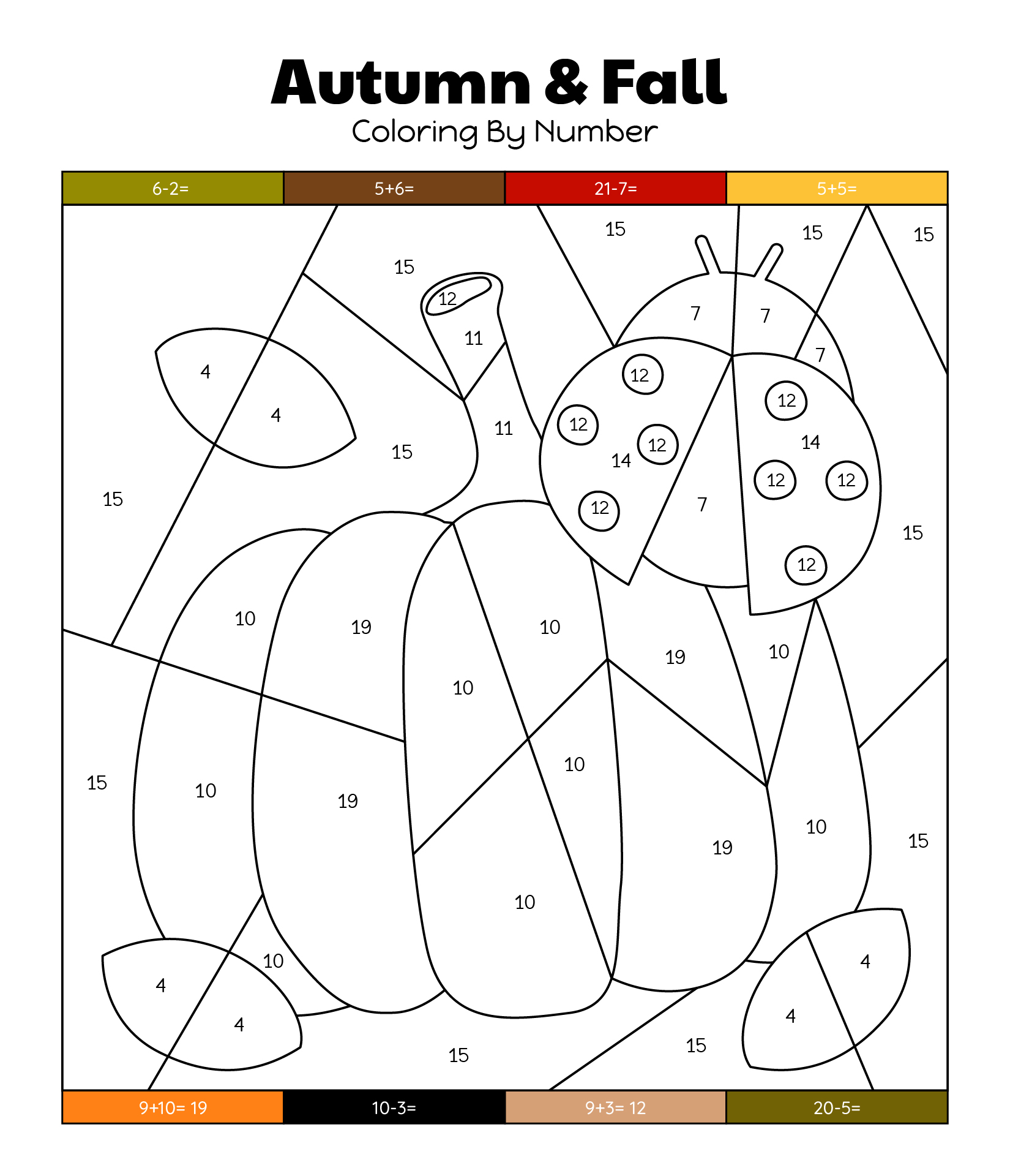 Fall Addition Substraction Color By Number
