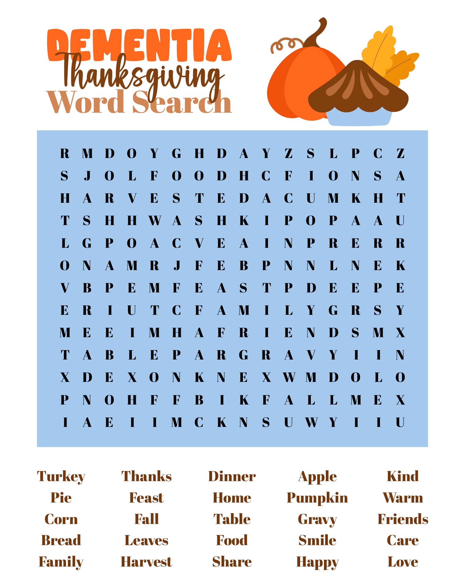 Dementia Friendly Thanksgiving Word Search