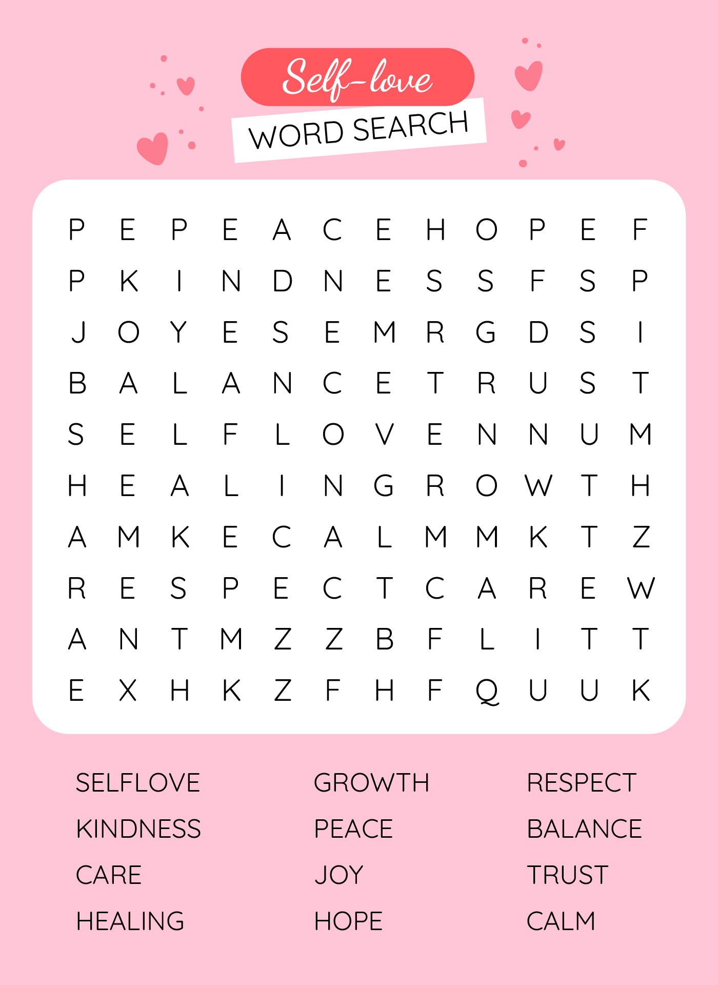 Self Love Word Search Puzzle