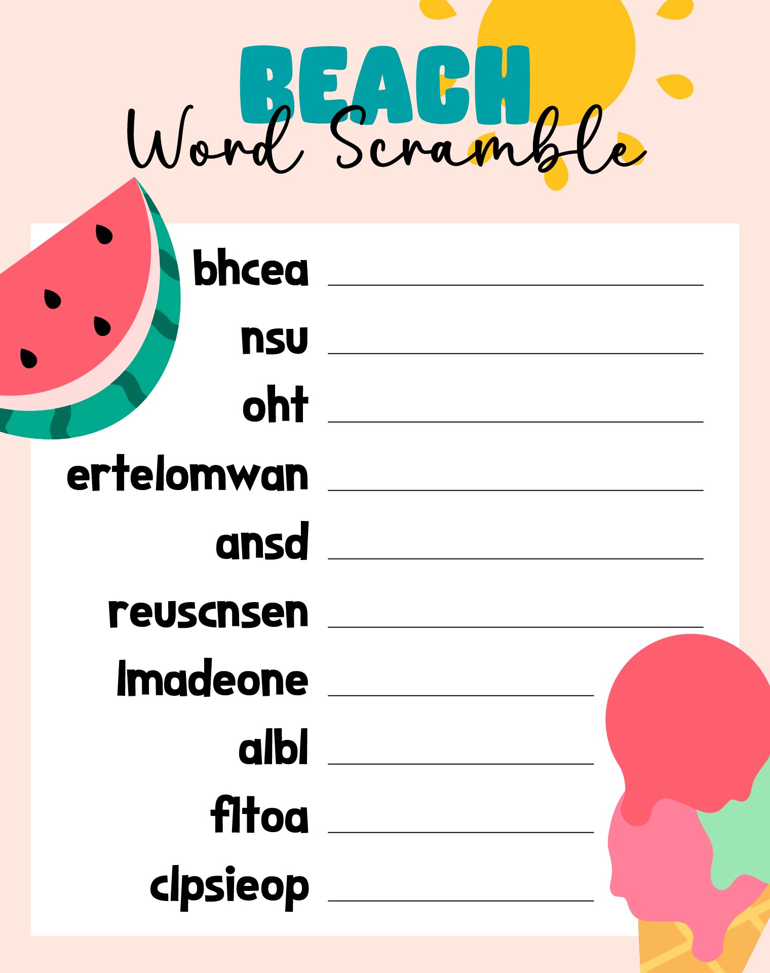 Summer And Beach Word Scramble Worksheet Summer And Beach Word Scramble Worksheet