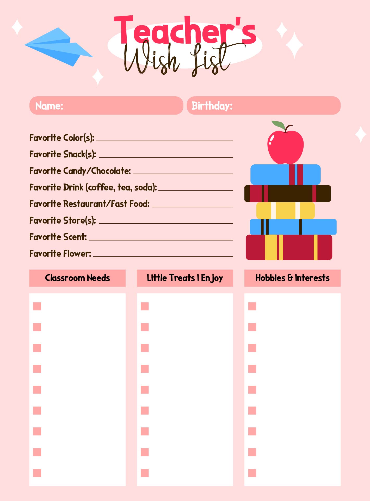 Classroom Teacher Wish List Printable