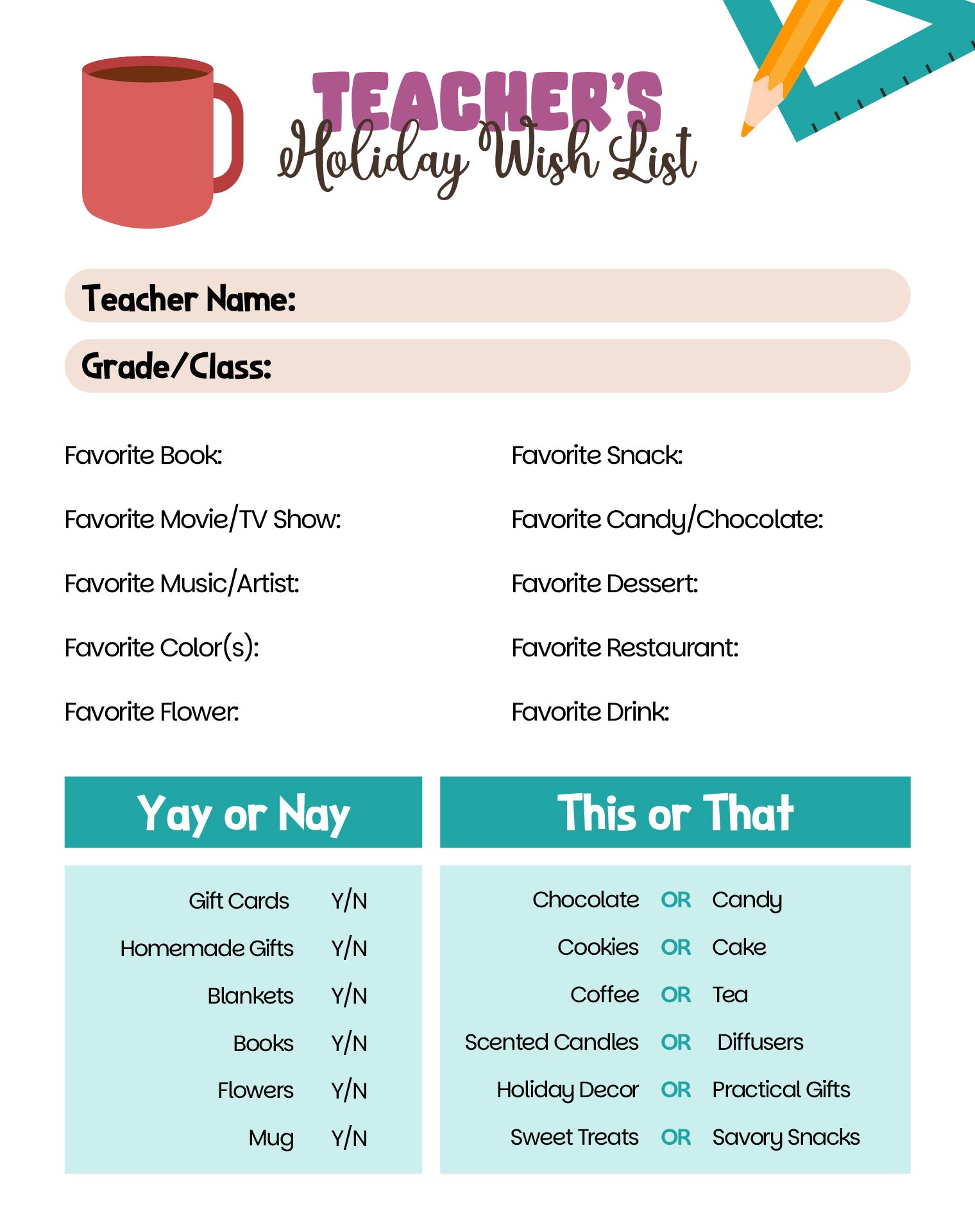 Teacher Holiday Wish List Printable