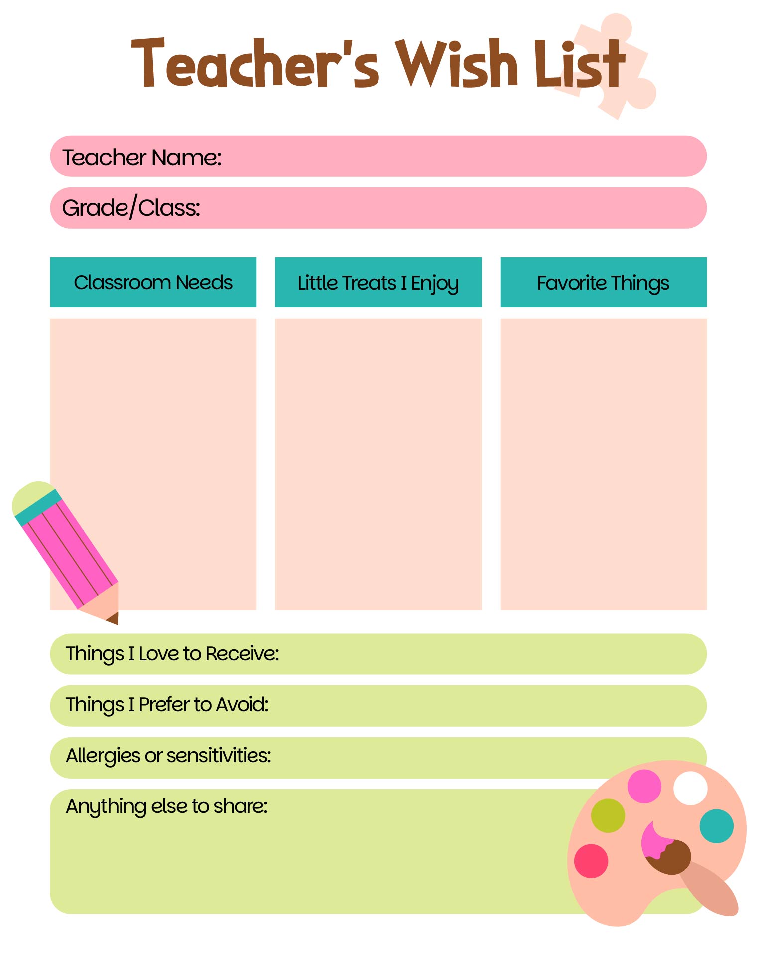 Teacher Back To School Wish List Printable