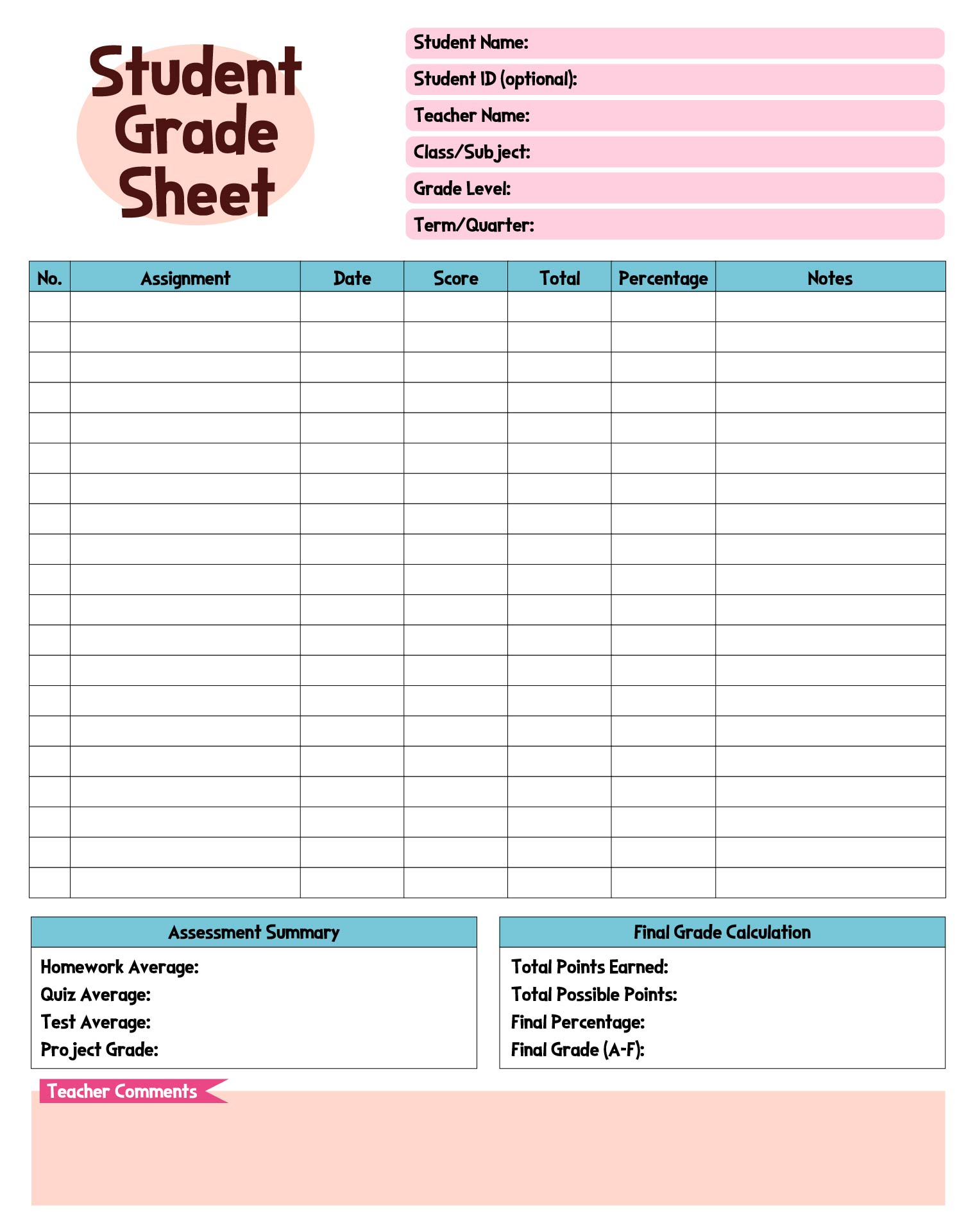 Student Grade Sheet Template Student Grade Sheet Template