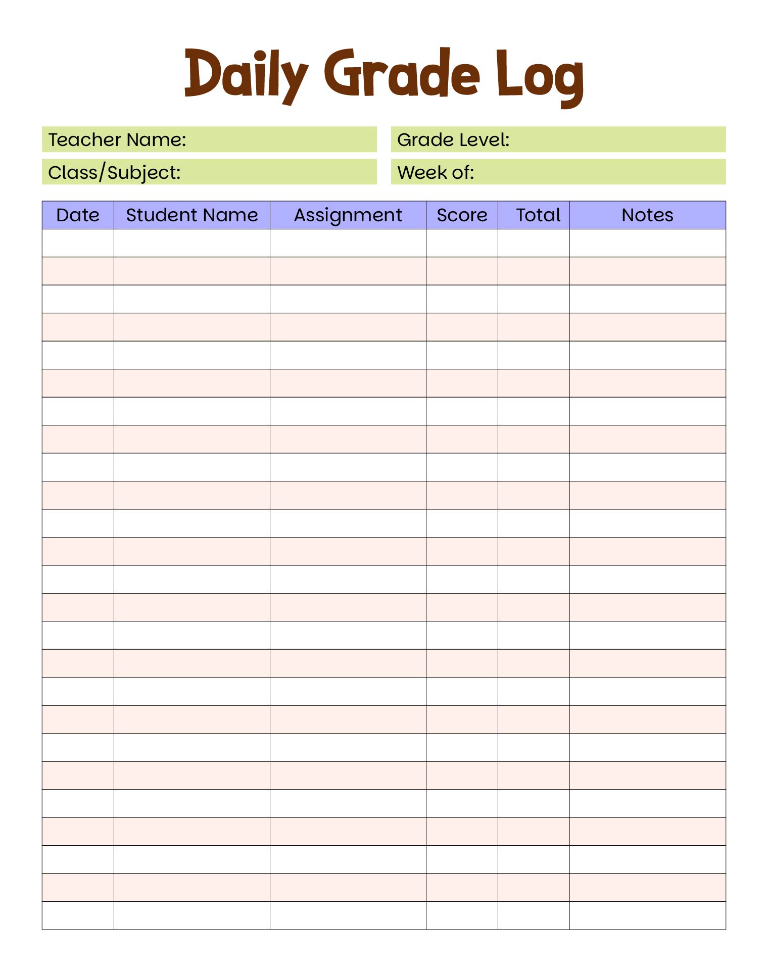 Daily Grade Log Teachers Printable Daily Grade Log Teachers Printable
