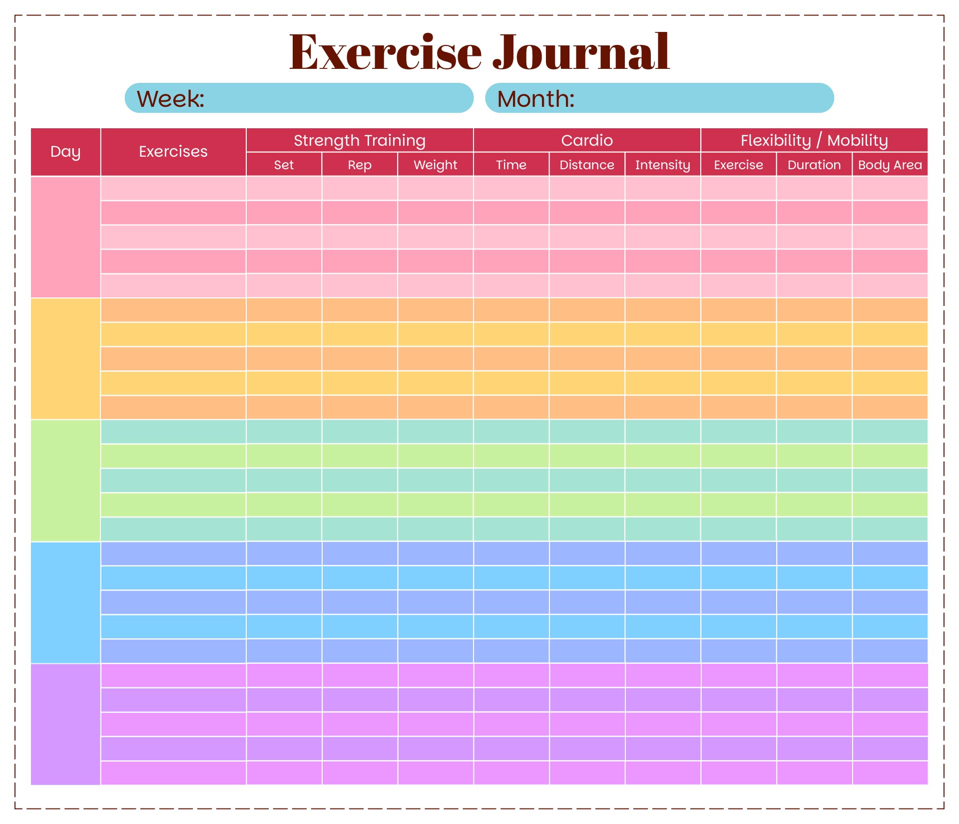 Printable Weekly Exercise Journal Colorful