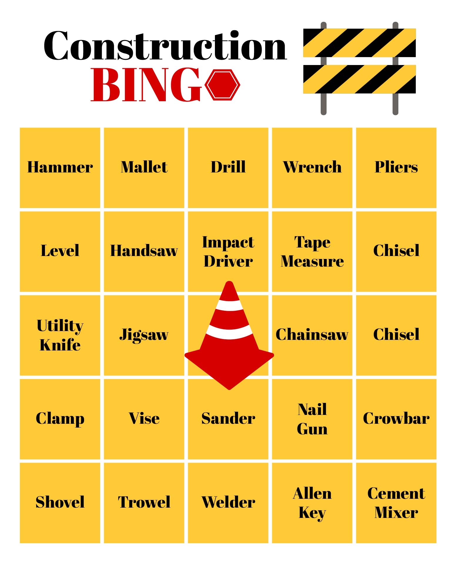 Tools Bingo Carpentry Construction Engineering