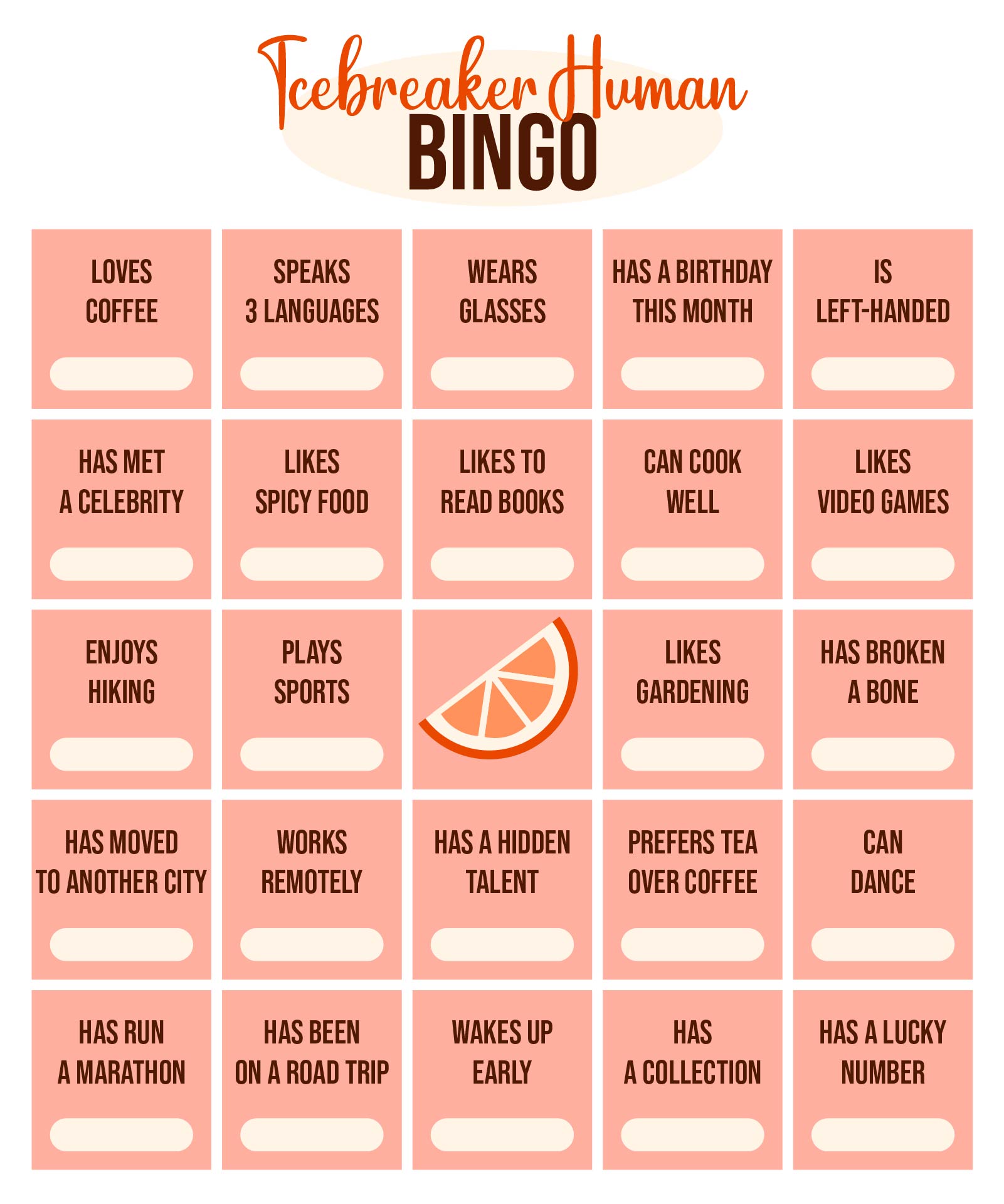 Icebreaker Human Bingo Card Printable