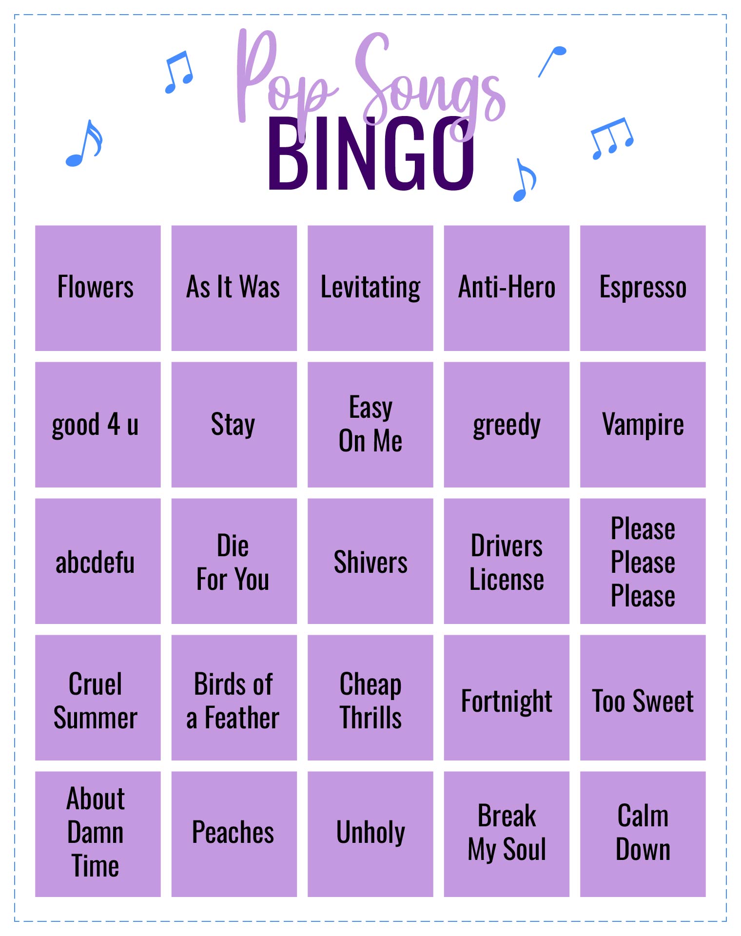Music Bingo Card Template