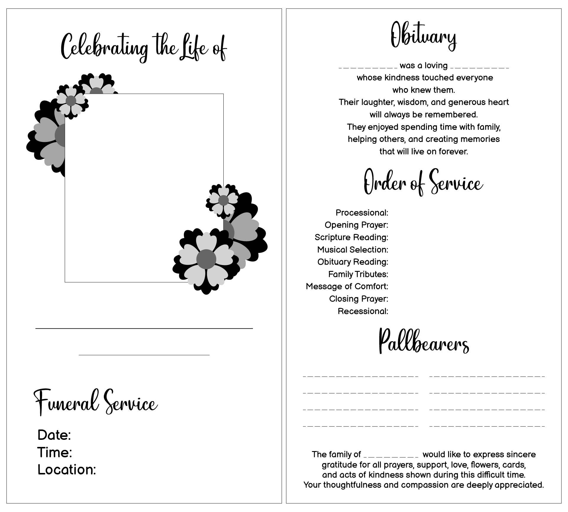 Black And White Funeral Program Template Black And White Funeral Program Template