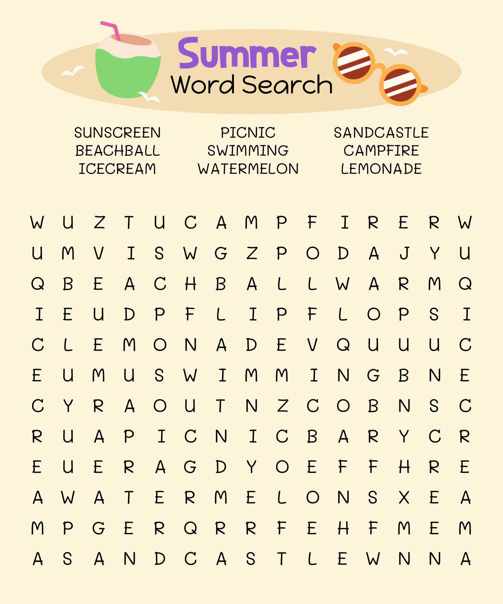 Summer Word Search For Children