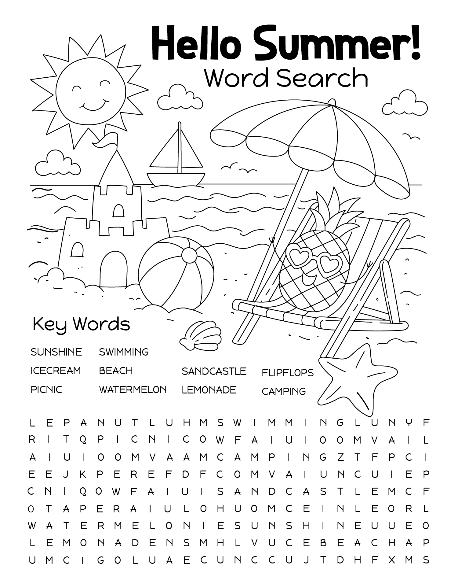 Summer Word Searches For Kids With Coloring Template