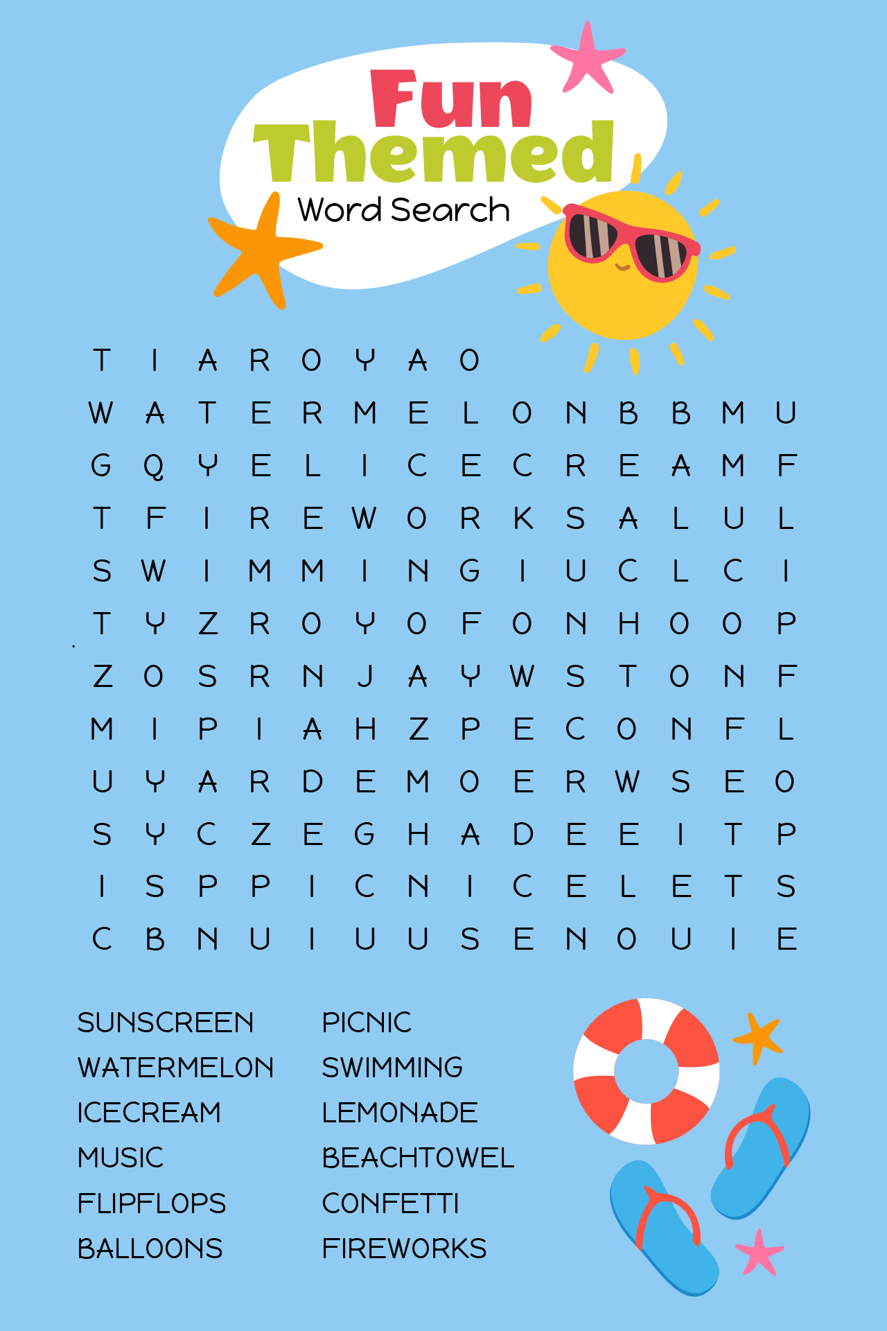 Fun Themed Word Search For Summer Party