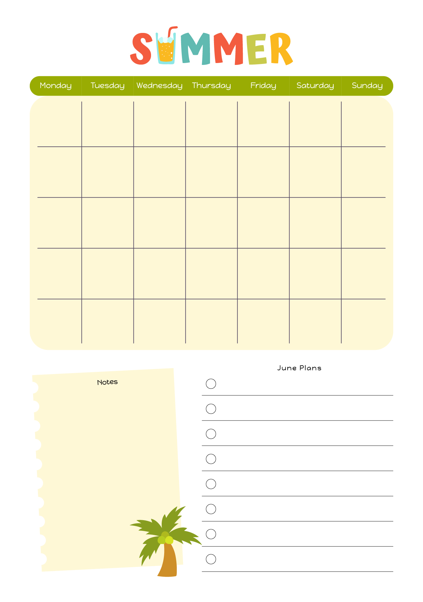 June Calendar Summer Printable Journal