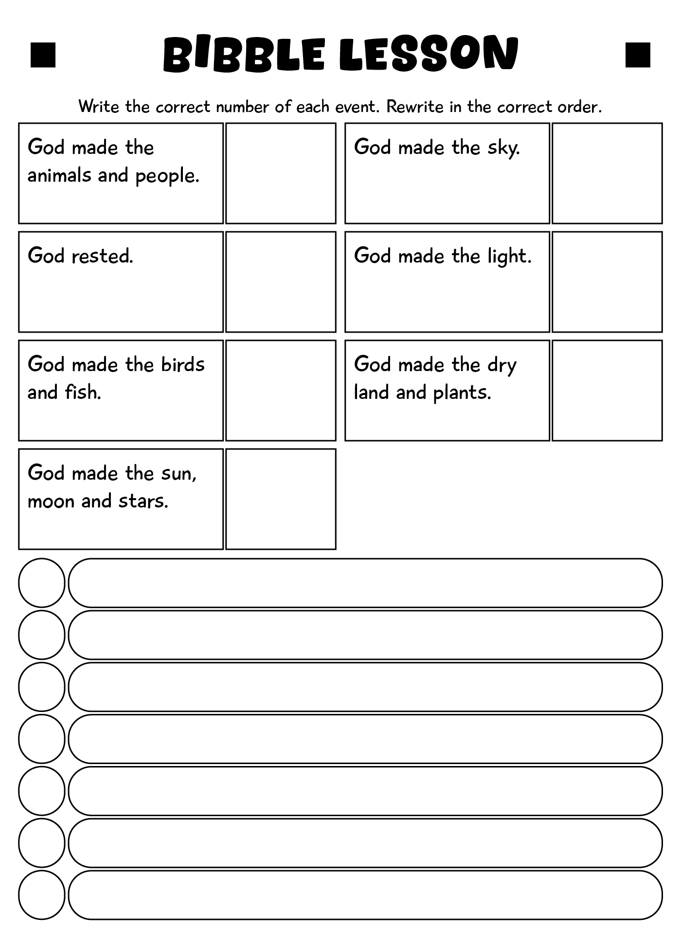 Bible Lesson Activity Sheets on Creation