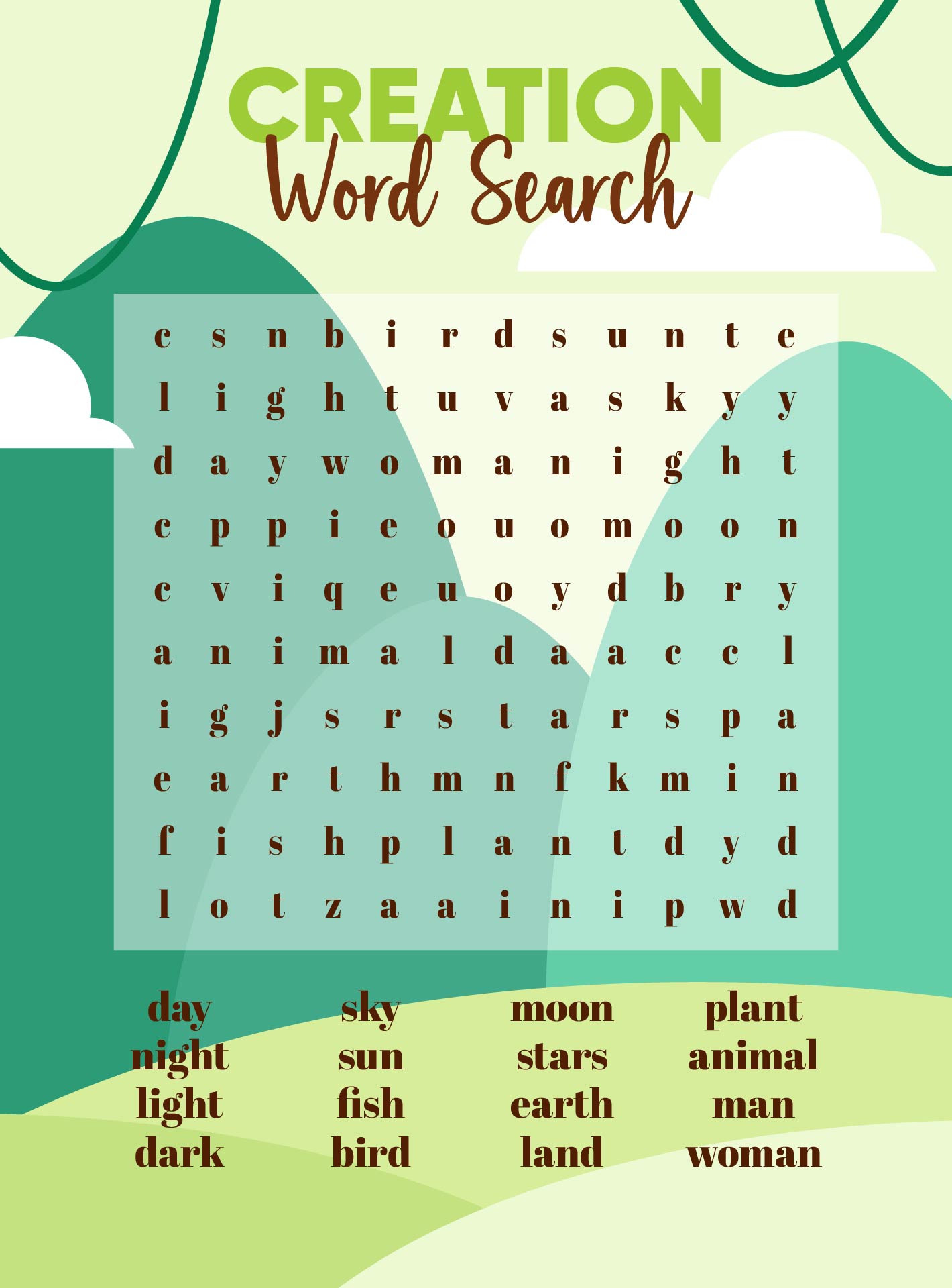 Biblical Creation Word Searches Printable