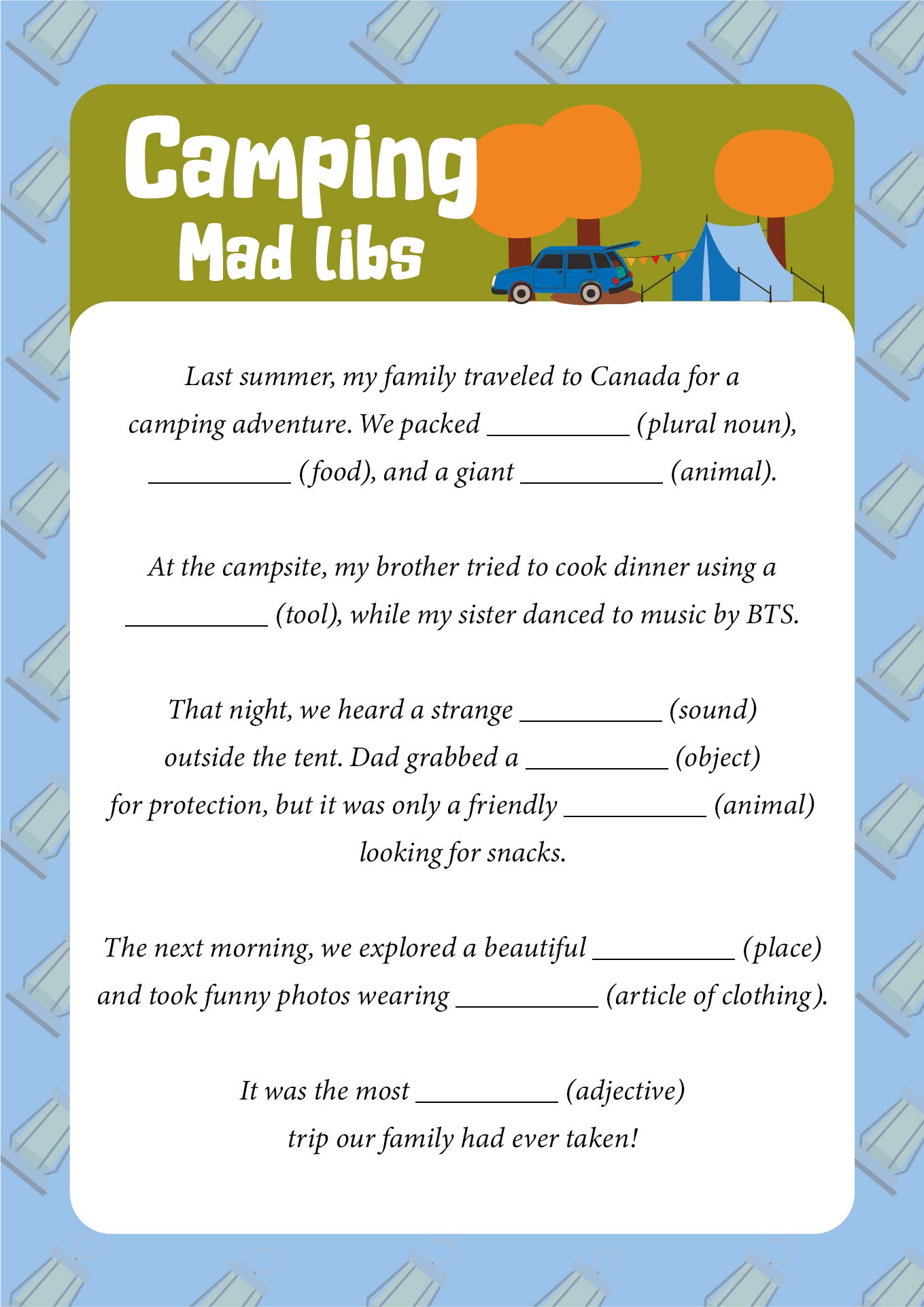 Camping Trip Mad Libs for Kids Camping Trip Mad Libs for Kids