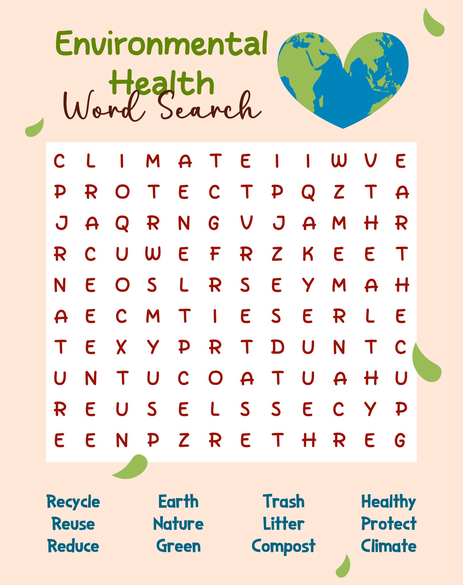 Children’s Environmental Health Word Search Printable