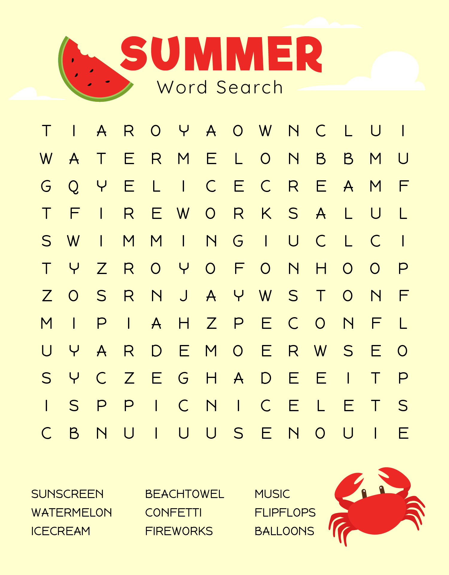 Childrens Summer Holiday Word Search Printable