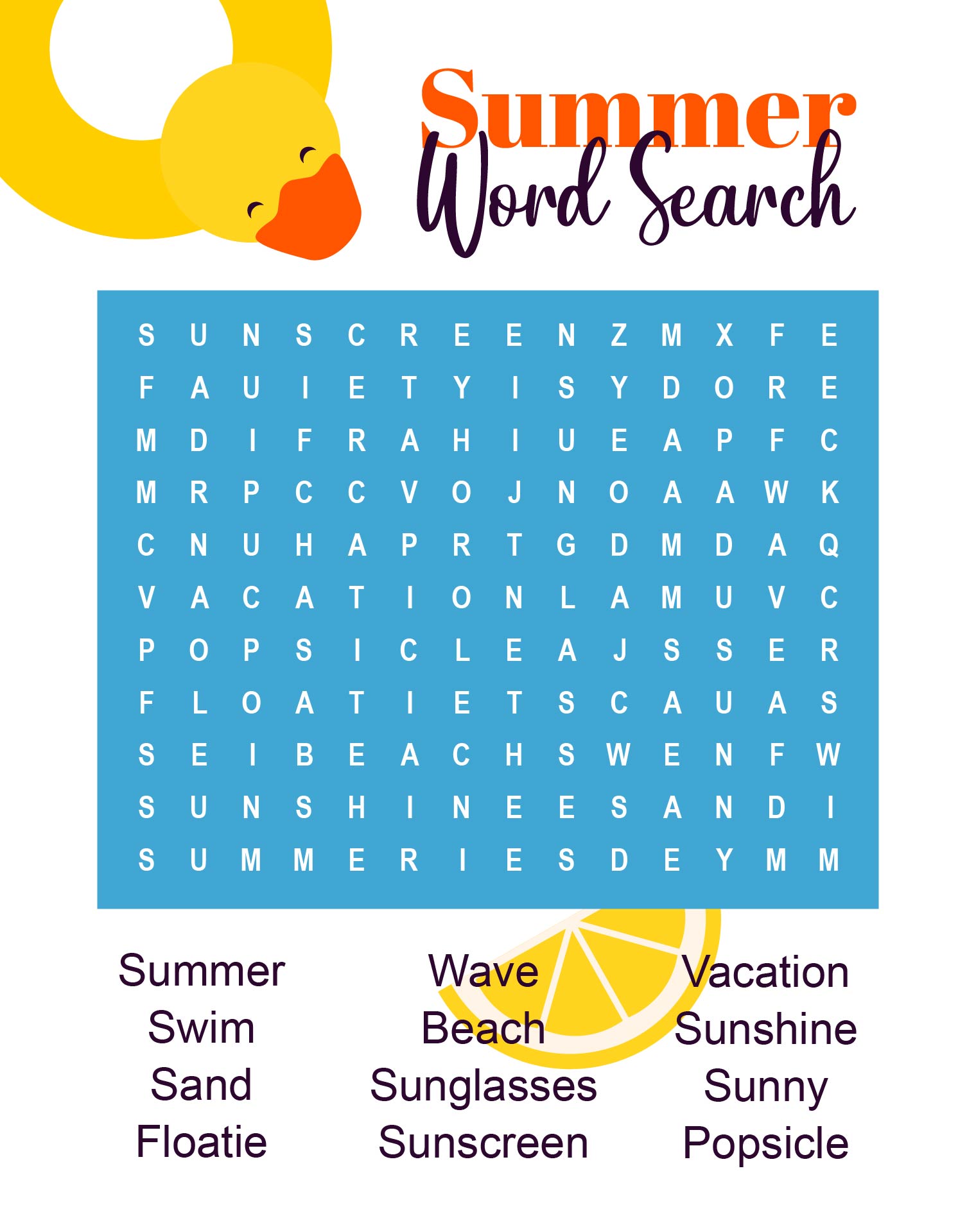 Childrens Summer Holiday Word Search Printable