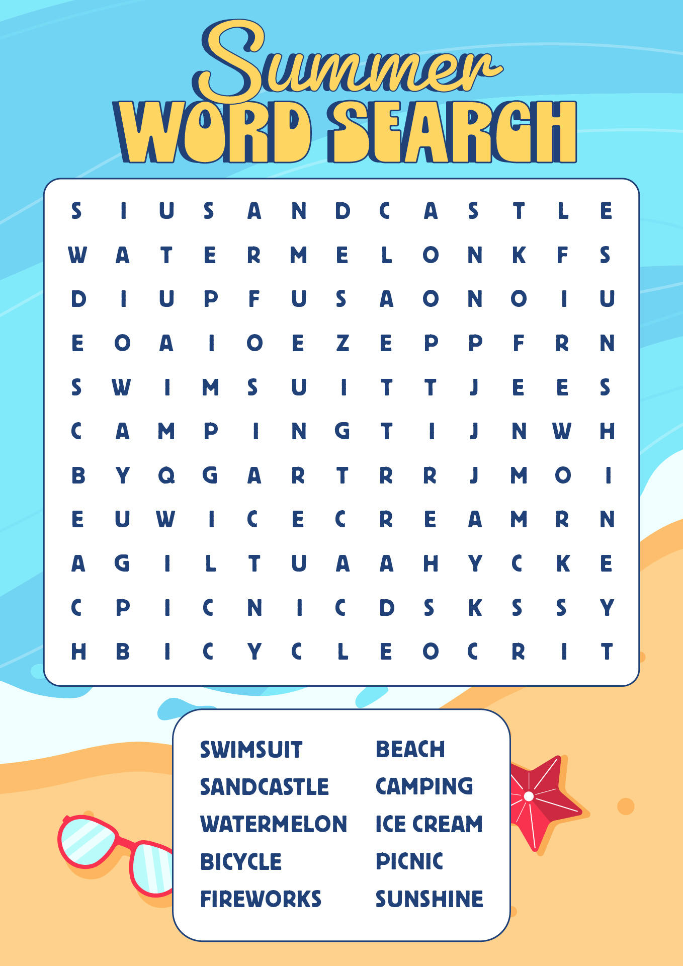 Childrens Summer Vacation Word Search Printable