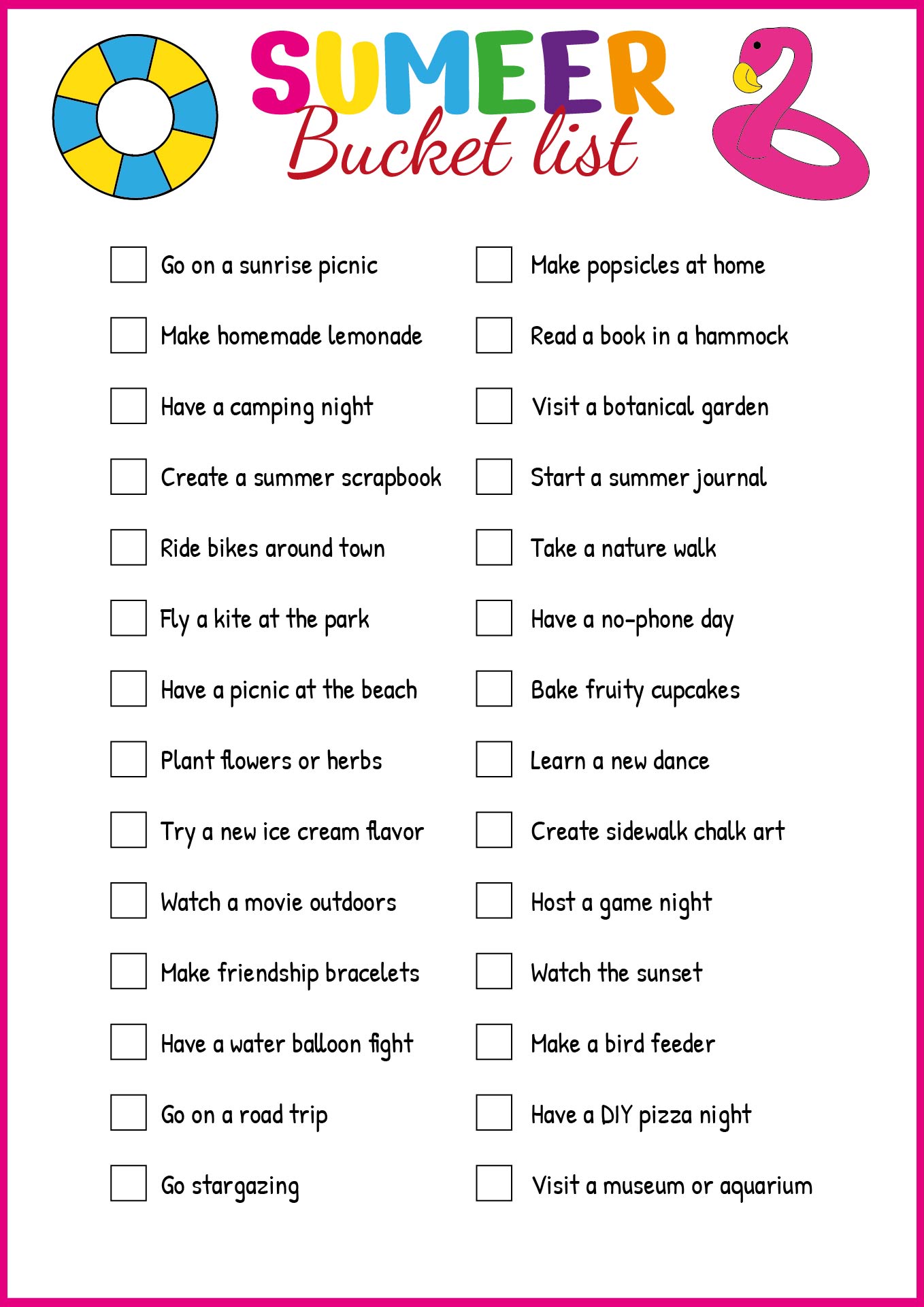 Creative Summer Ideas Bucket List Printable