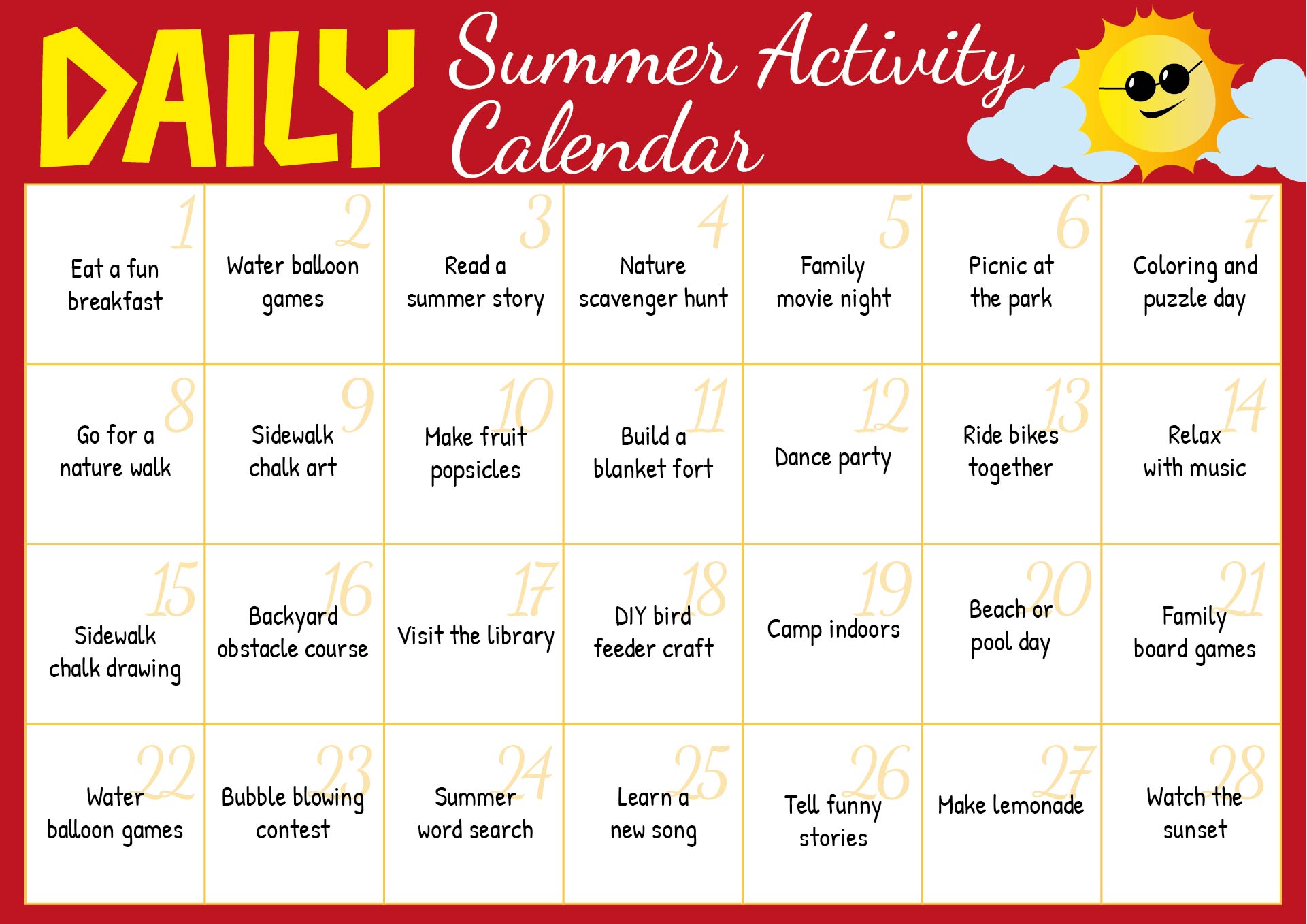 Daily Printable Summer Activity Calendar