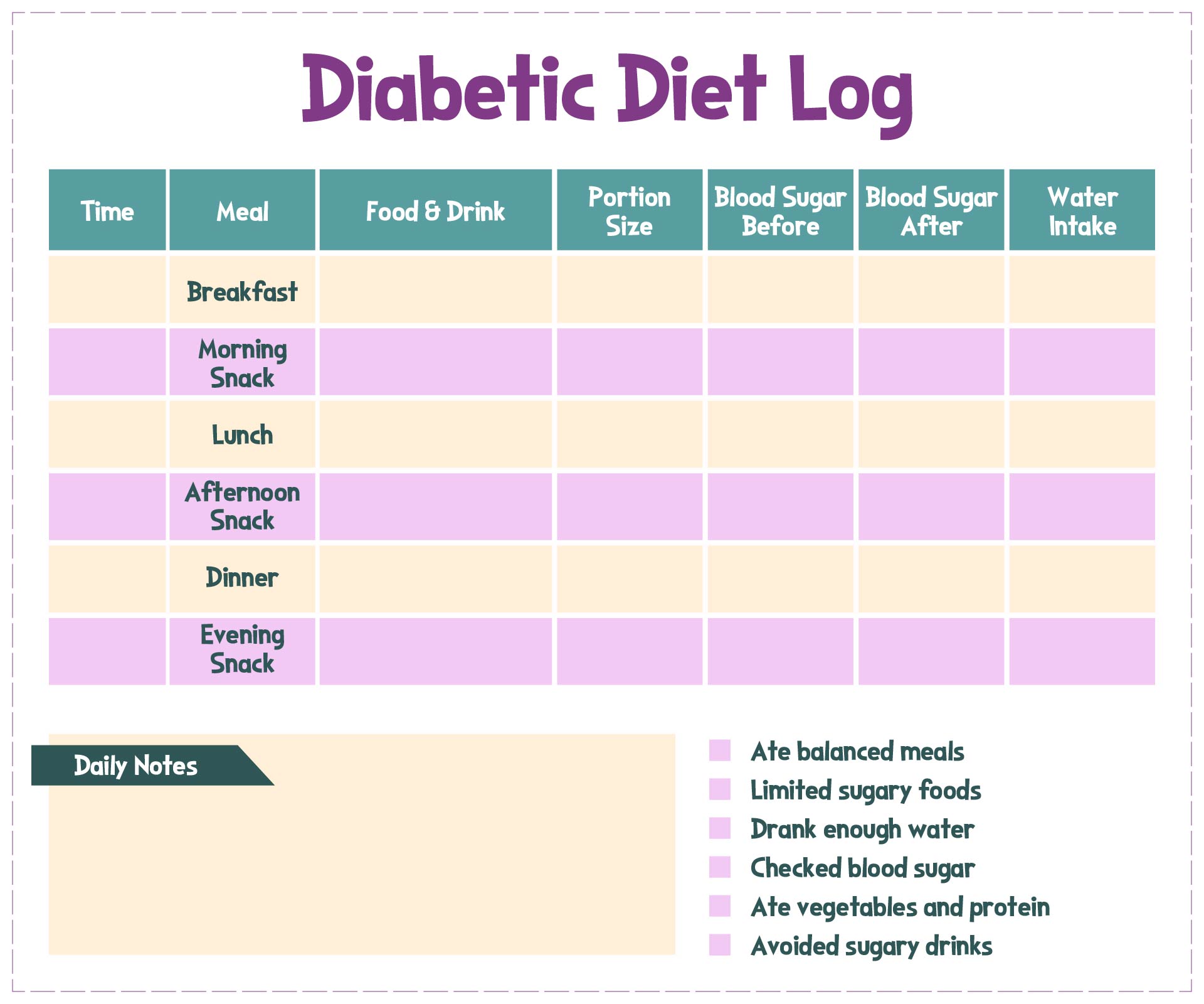 Diabetic Diet Log Sheets Printable Diabetic Diet Log Sheets Printable