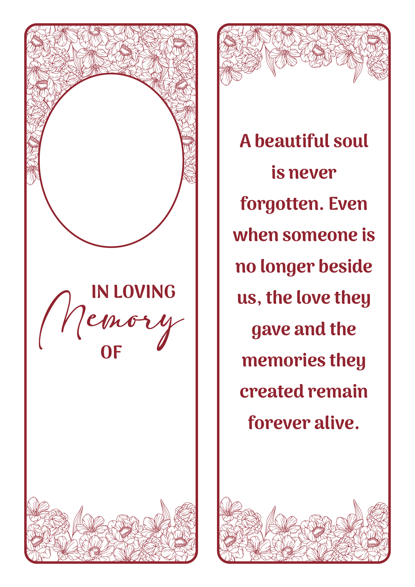 Floral Memorial Bookmark Printable Floral Memorial Bookmark Printable
