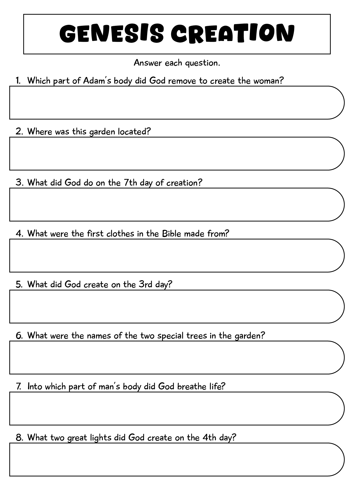 Genesis Creation Story Bible Study Worksheets