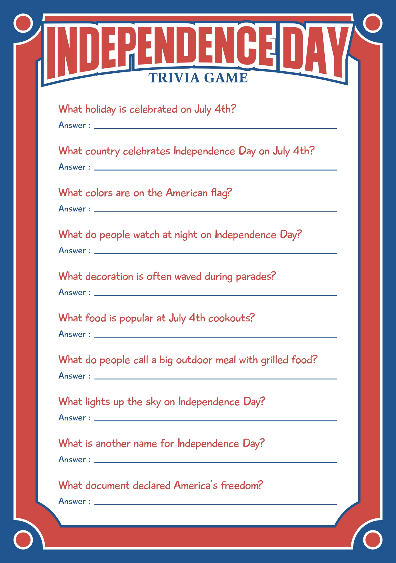 Independence Day Trivia Game Printable