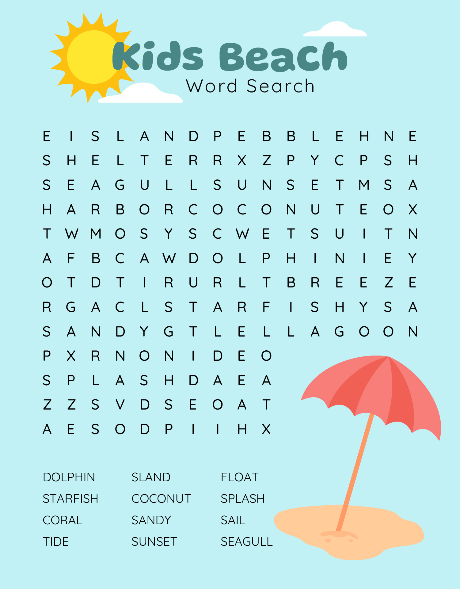 Kids Beach Theme Word Search Printable
