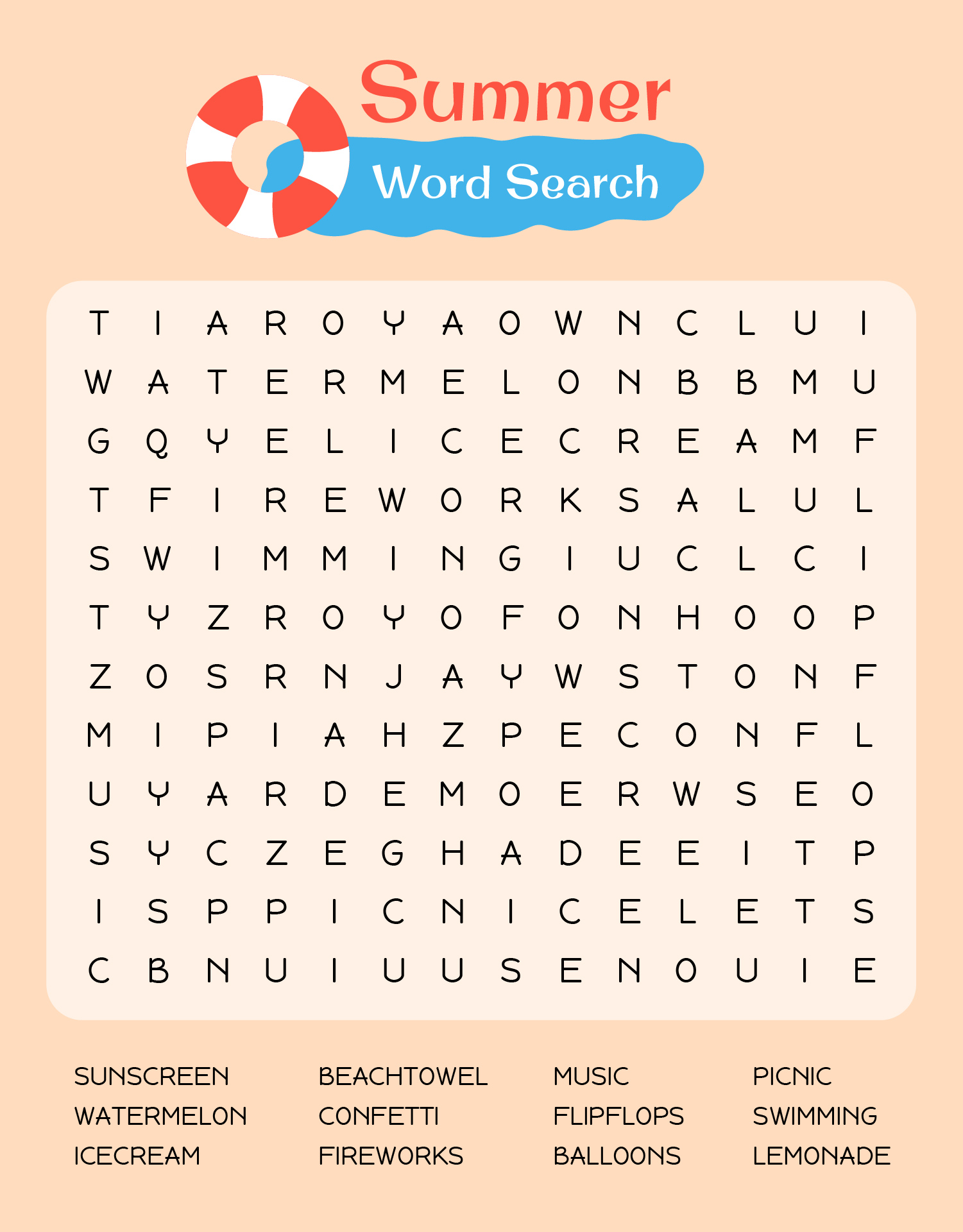 Kids Summer Vacation Word Search Printable