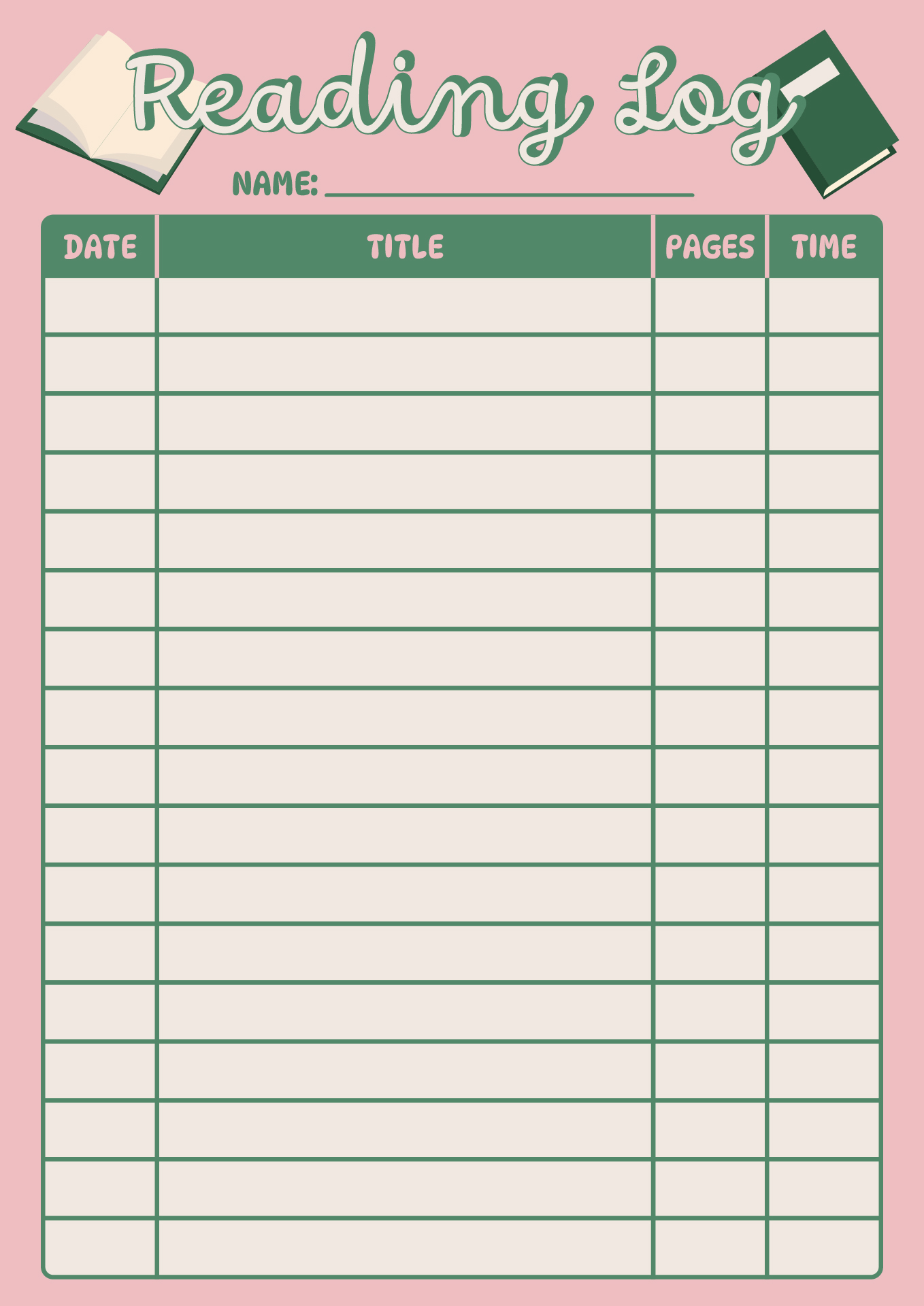Kindergarten Reading Log Chart for Kids