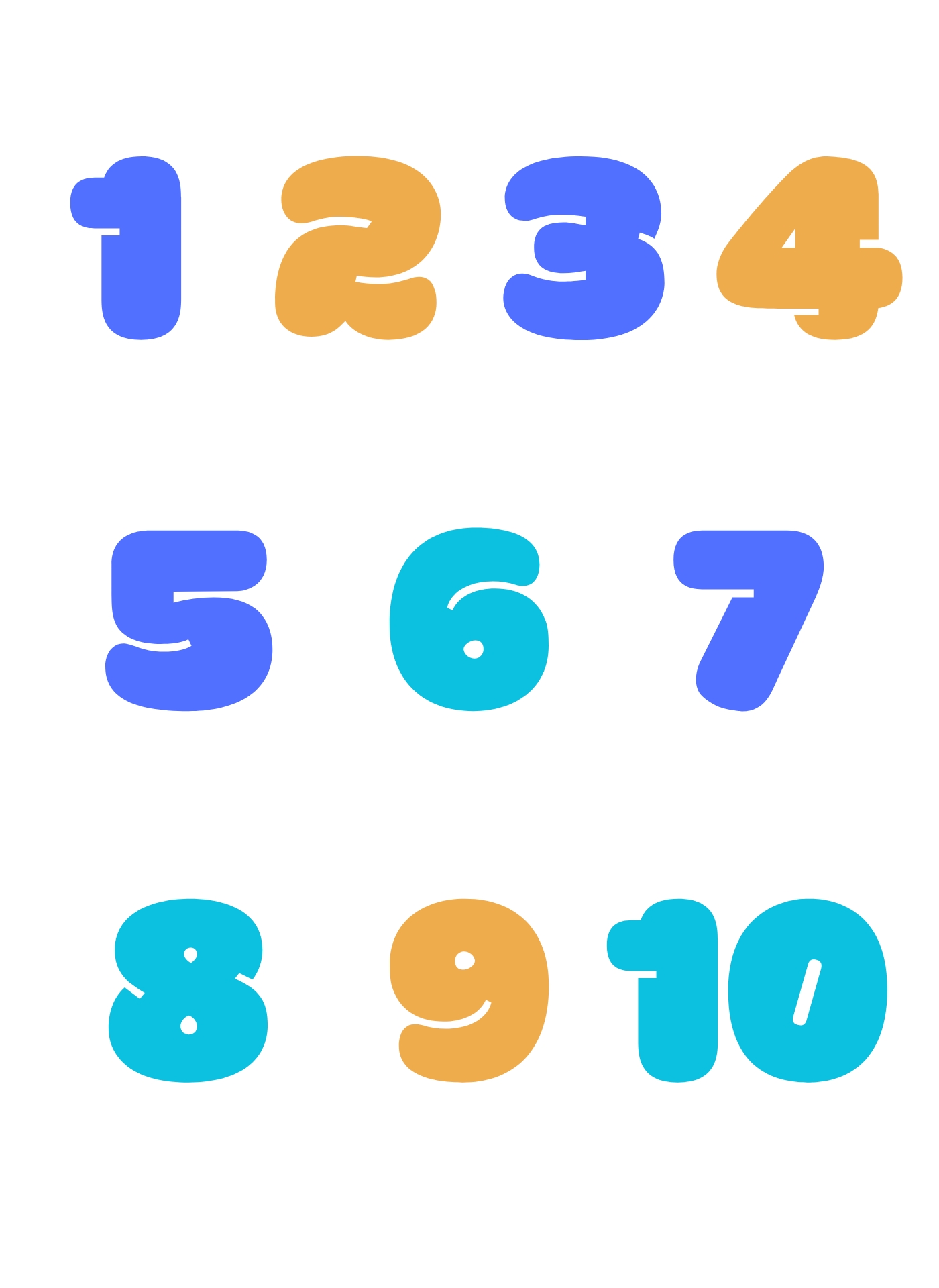 Large Bubble Numbers 1-10 Printables