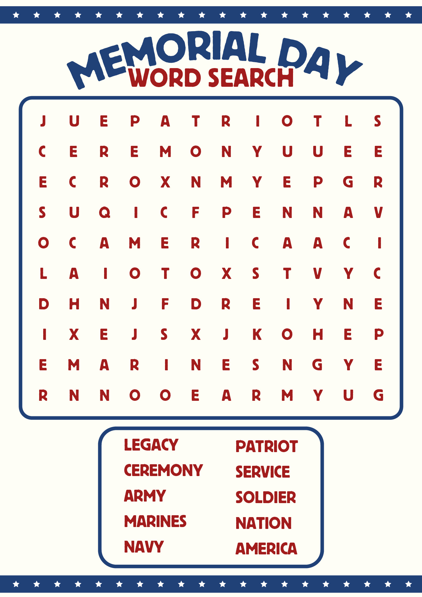Memorial Day Activity Worksheets
