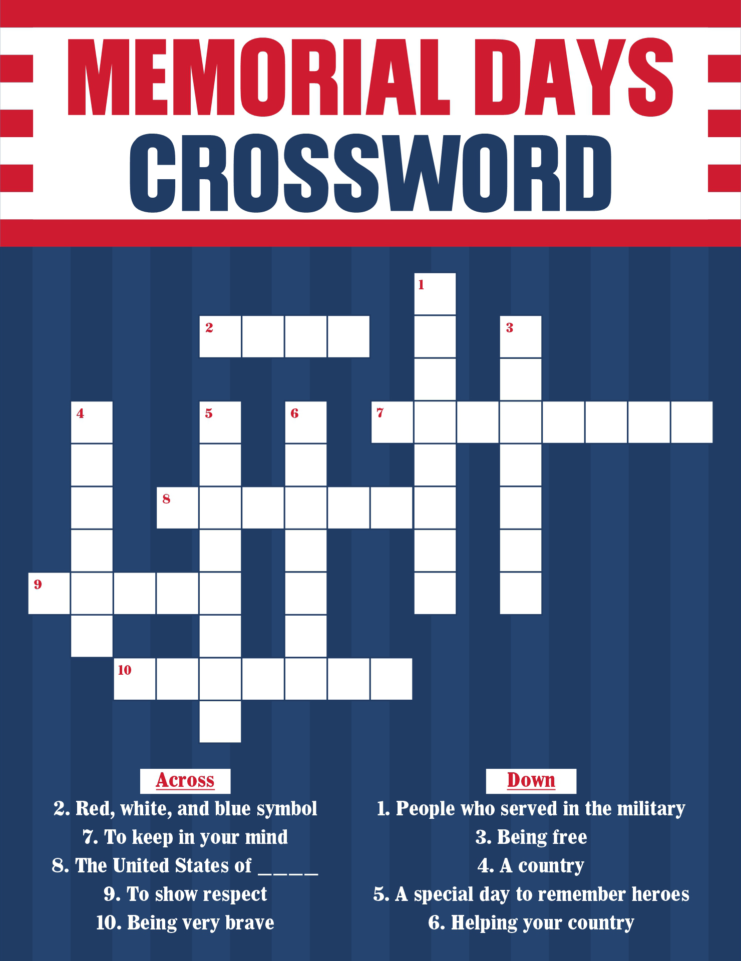 Memorial Day Crossword Puzzles for Children