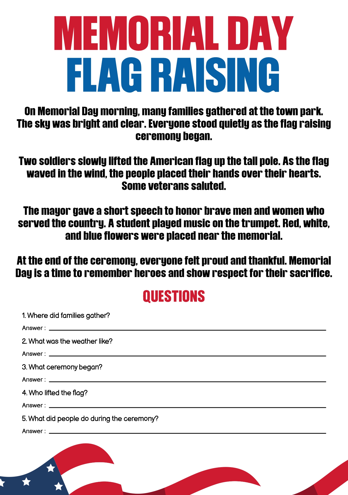 Memorial Day Flag Raising Worksheets Memorial Day Flag Raising Worksheets
