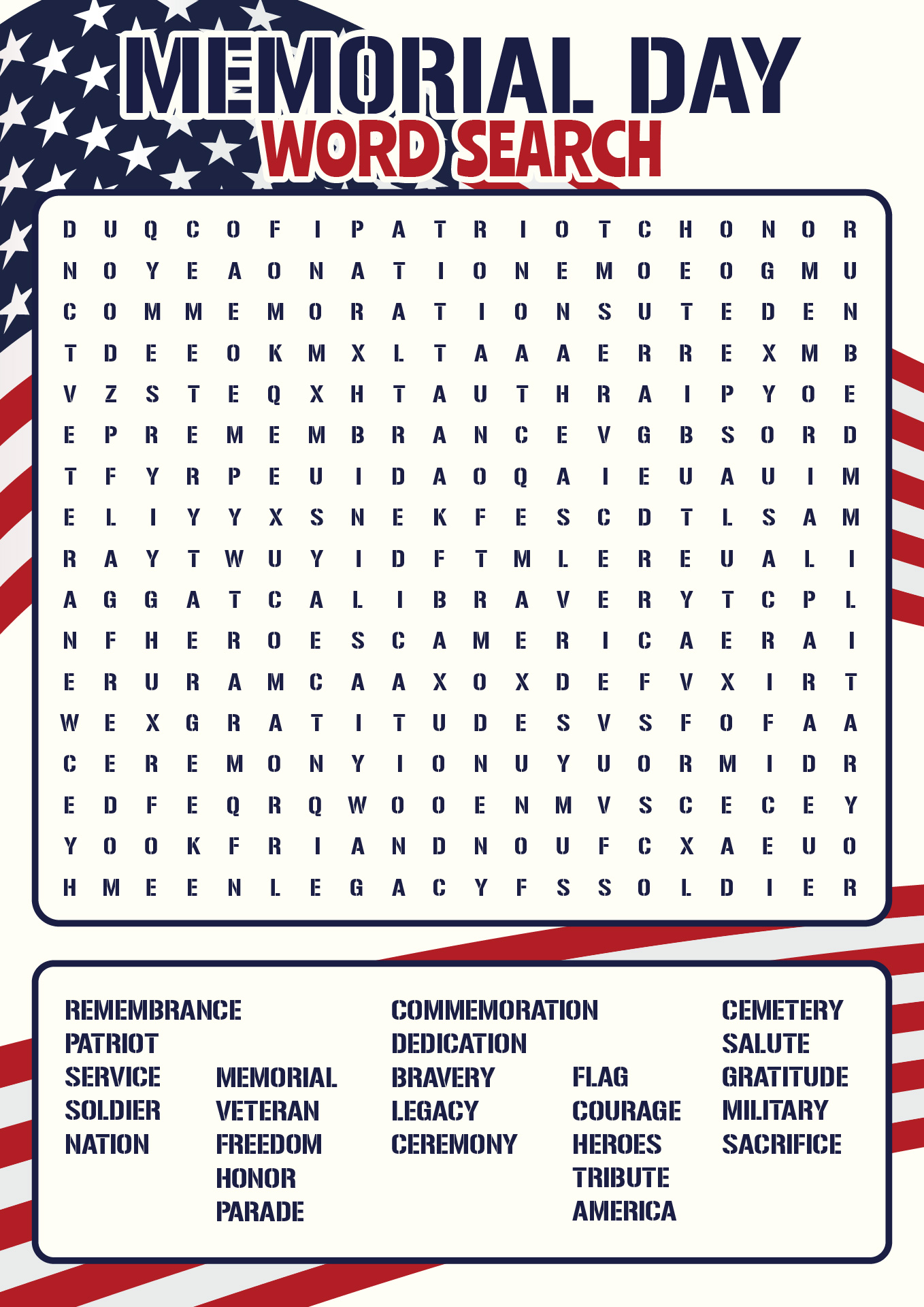 Memorial Day word search puzzles