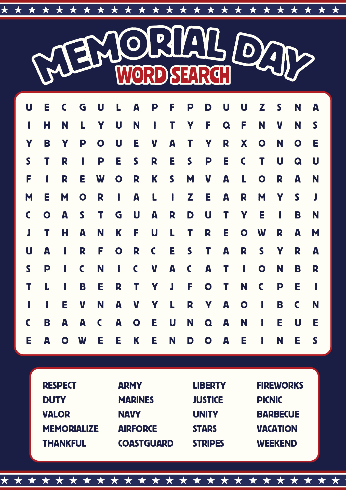 Memorial Day Word Search Puzzles
