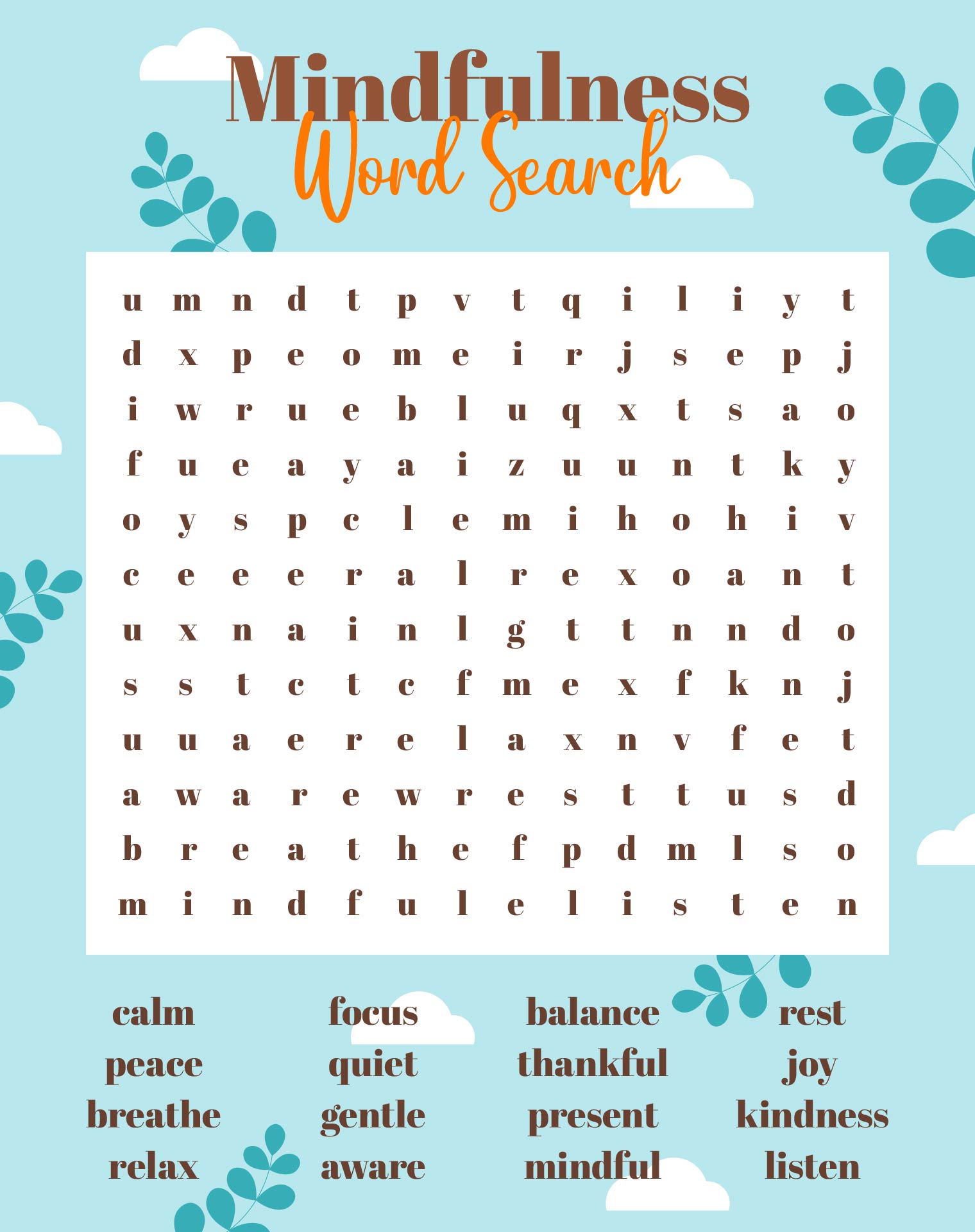 Mindfulness Word Search Puzzle Printable