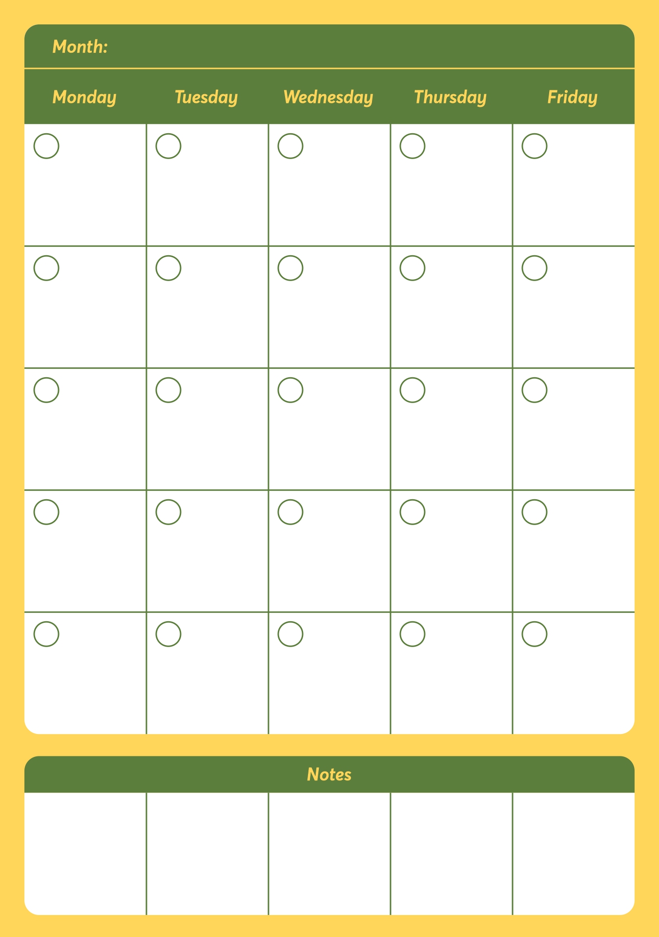 Monthly 5 Day Work Schedule Calendar Printable