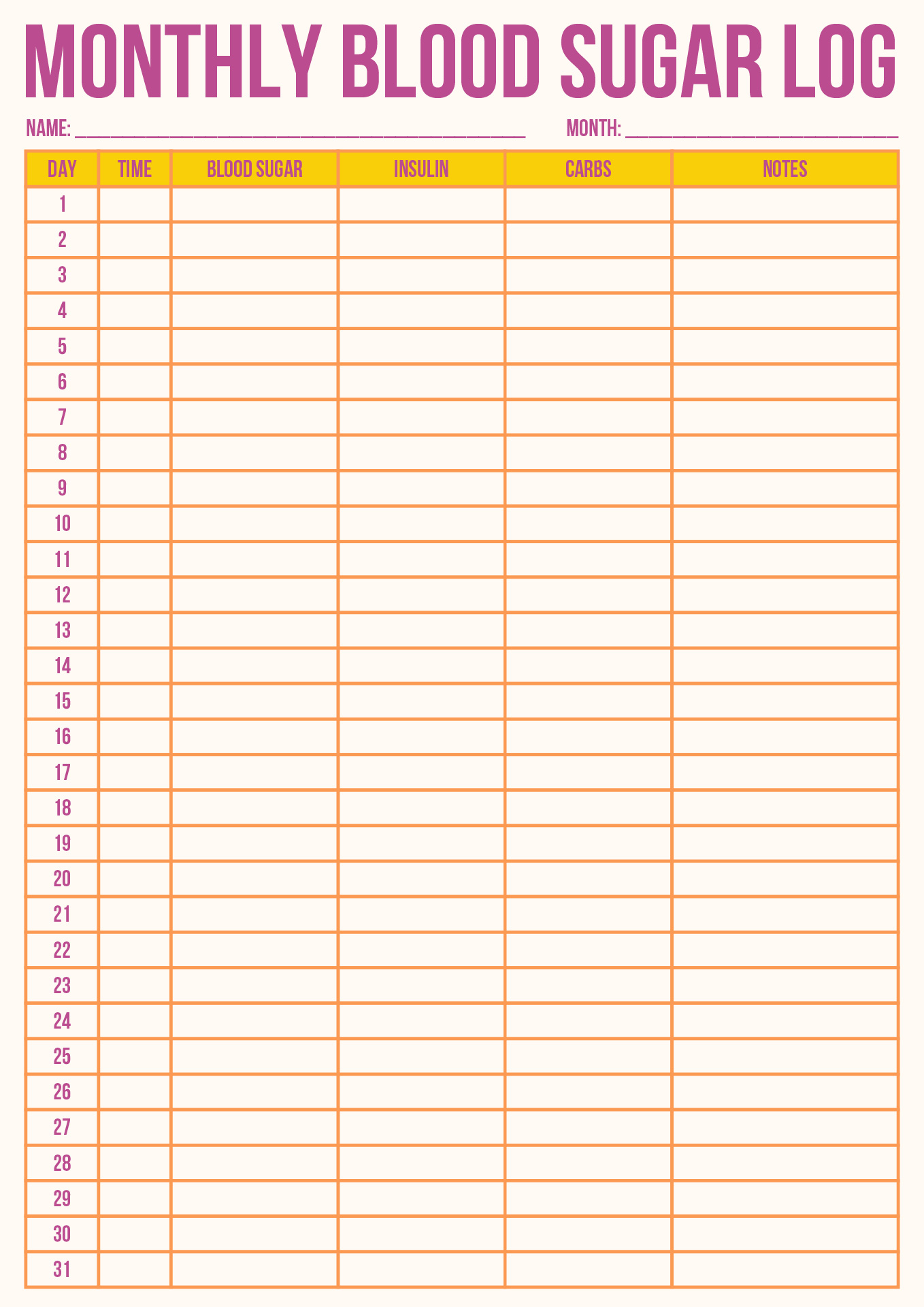 Monthly Blood Sugar Log Printable
