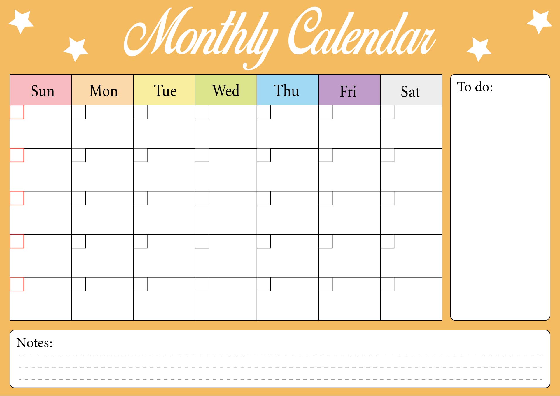 Monthly Calendar with Notes Section