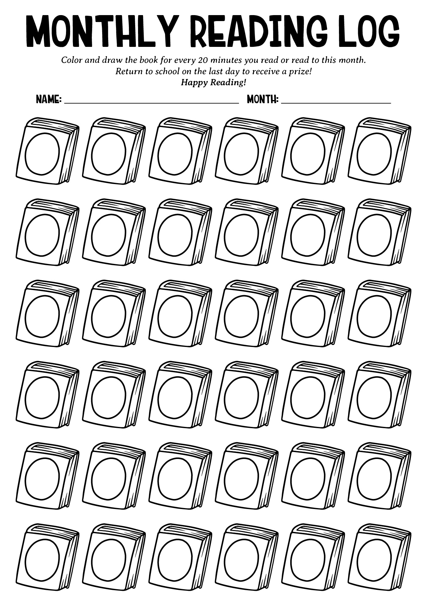Monthly Kindergarten Reading Log Printable