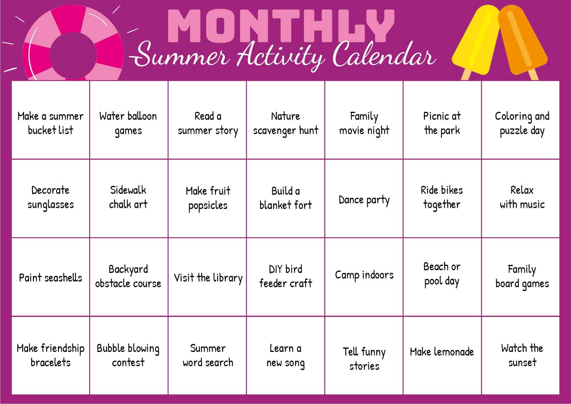 Monthly Printable Summer Activity Calendar